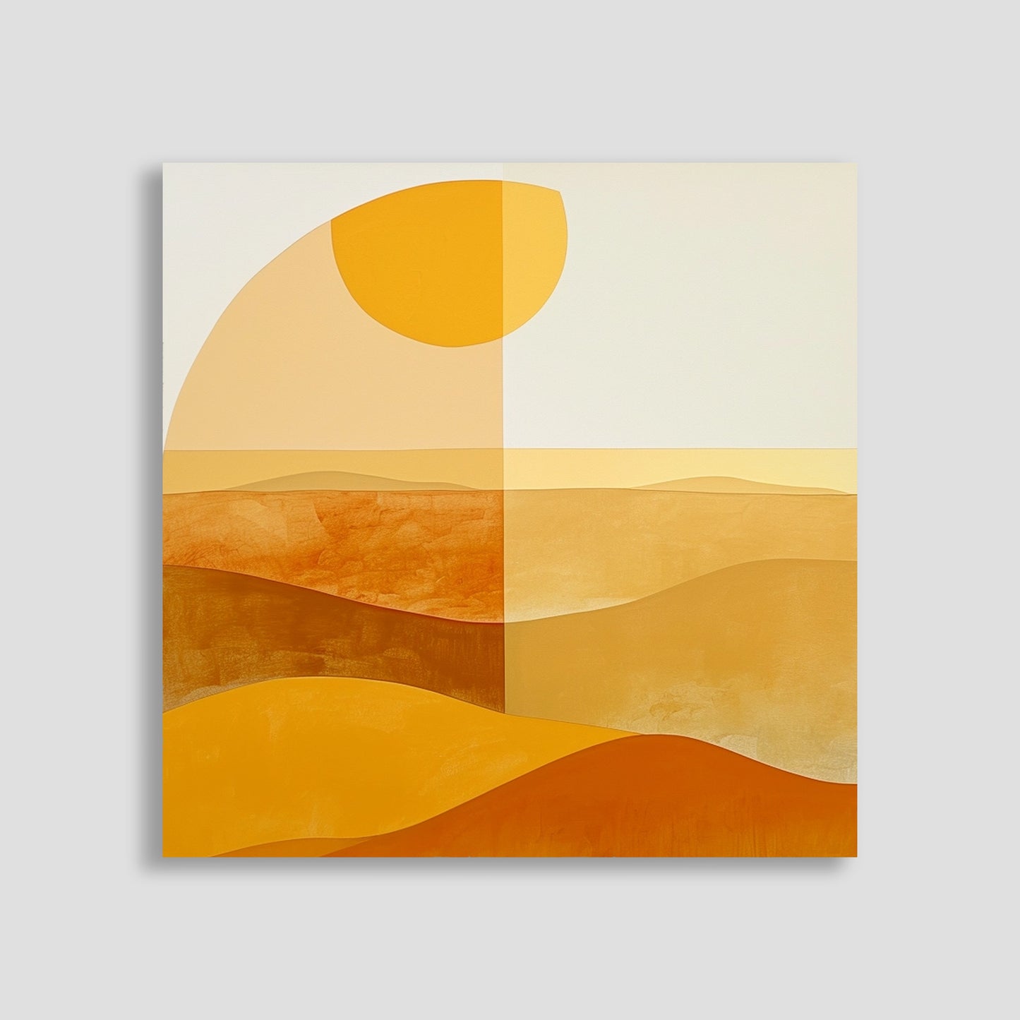 Imagen de arte minimalista que representa un paisaje desértico con colinas y un sol estilizado, usando tonos cálidos como naranja, dorado y beige. La obra combina formas geométricas simples con texturas suaves, ideal para una decoración moderna y elegante.