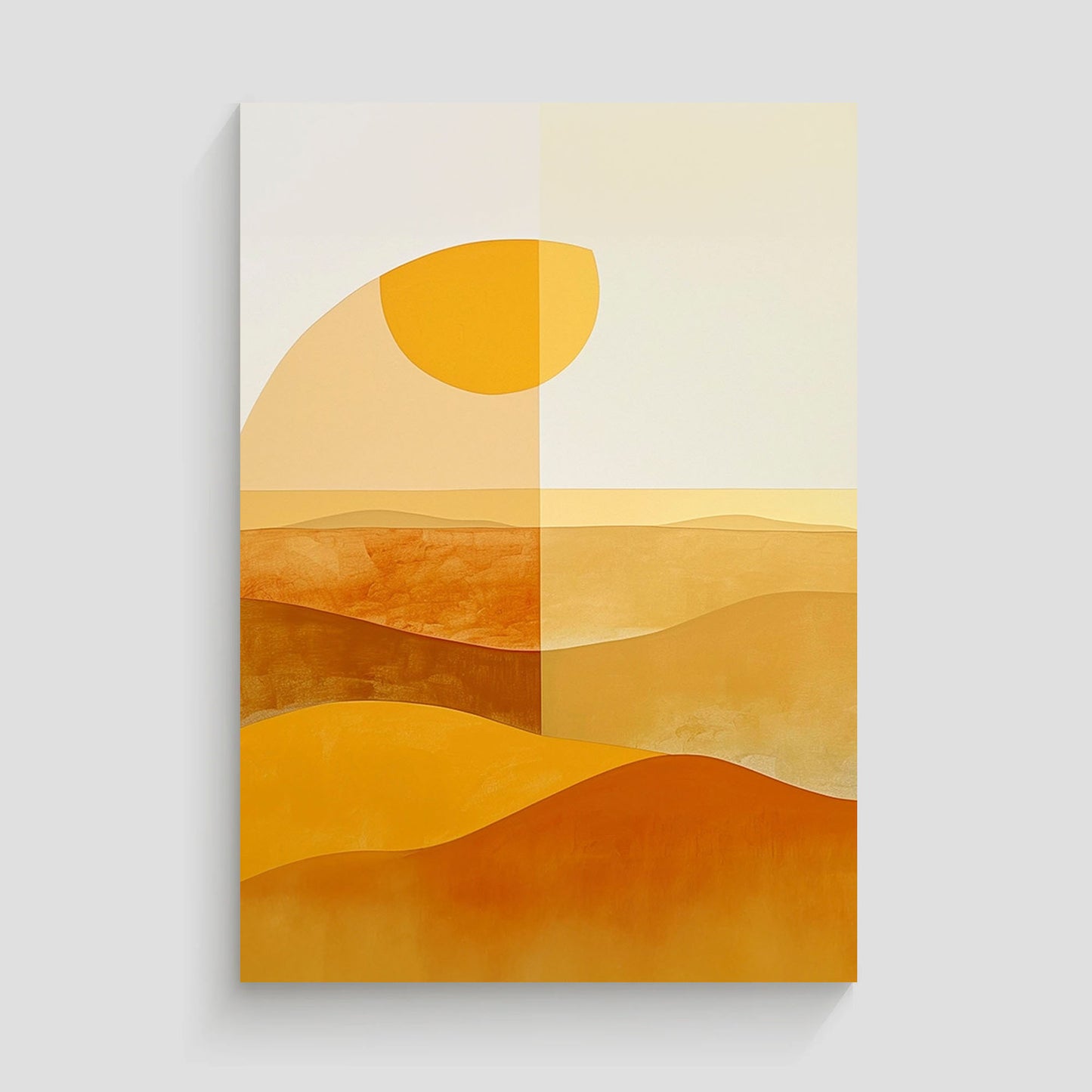 Imagen de arte minimalista que representa un paisaje desértico con colinas y un sol estilizado, usando tonos cálidos como naranja, dorado y beige. La obra combina formas geométricas simples con texturas suaves, ideal para una decoración moderna y elegante.