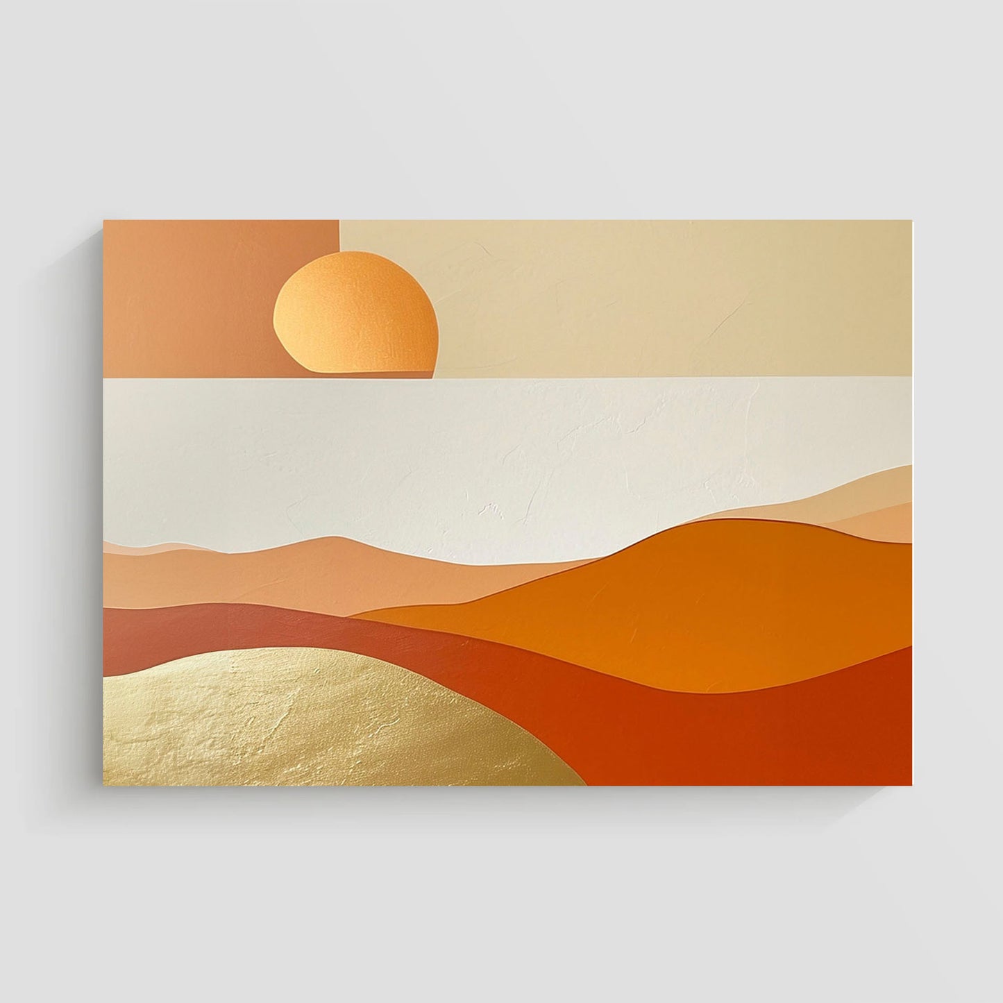 Imagen de arte minimalista que representa un paisaje desértico con colinas y un sol estilizado, usando tonos cálidos como naranja, dorado y beige. La obra combina formas geométricas simples con texturas suaves, ideal para una decoración moderna y elegante.