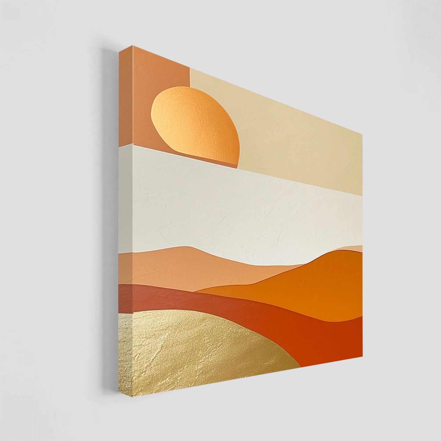 Imagen de arte minimalista que representa un paisaje desértico con colinas y un sol estilizado, usando tonos cálidos como naranja, dorado y beige. La obra combina formas geométricas simples con texturas suaves, ideal para una decoración moderna y elegante.