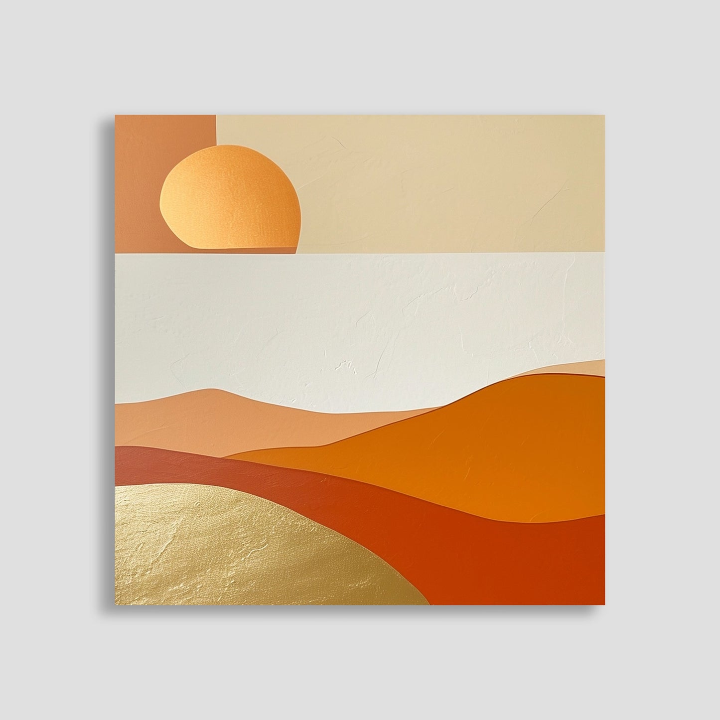 Imagen de arte minimalista que representa un paisaje desértico con colinas y un sol estilizado, usando tonos cálidos como naranja, dorado y beige. La obra combina formas geométricas simples con texturas suaves, ideal para una decoración moderna y elegante.
