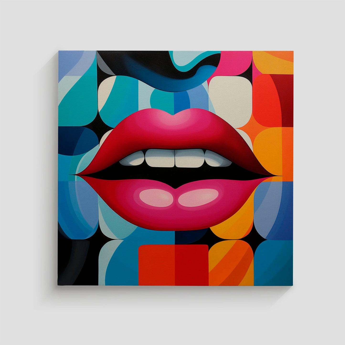 Imagen de arte pop que muestra unos labios rojos prominentes sobre un fondo geométrico colorido, con formas y patrones vibrantes en tonos variados.