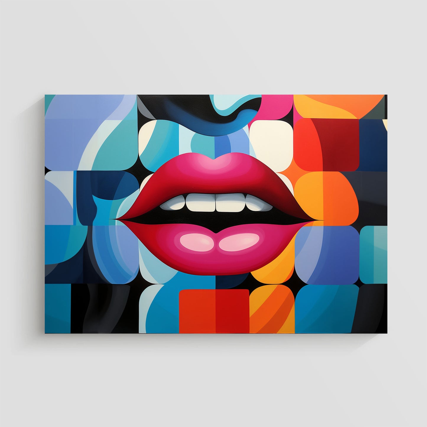 Imagen de arte pop que muestra unos labios rojos prominentes sobre un fondo geométrico colorido, con formas y patrones vibrantes en tonos variados.