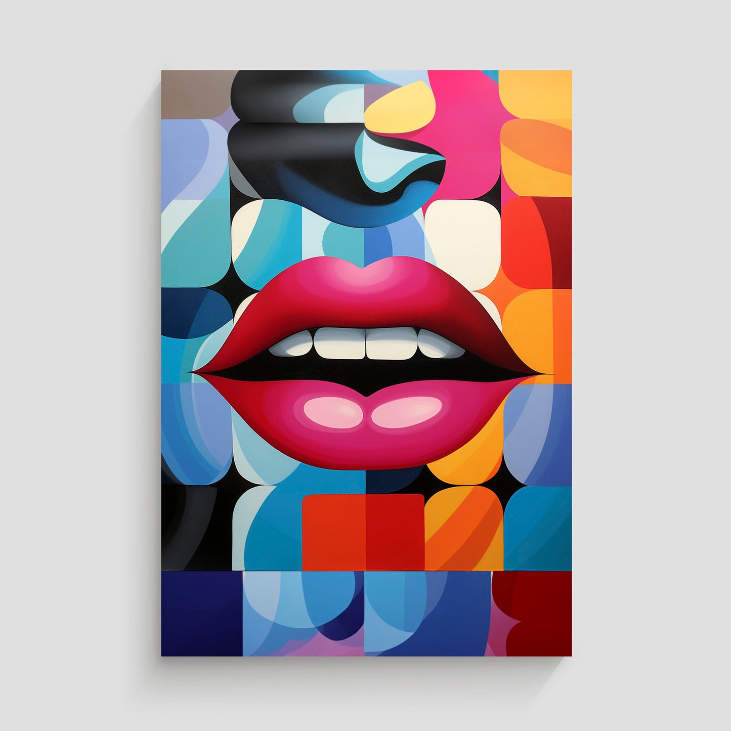 Imagen de arte pop que muestra unos labios rojos prominentes sobre un fondo geométrico colorido, con formas y patrones vibrantes en tonos variados.