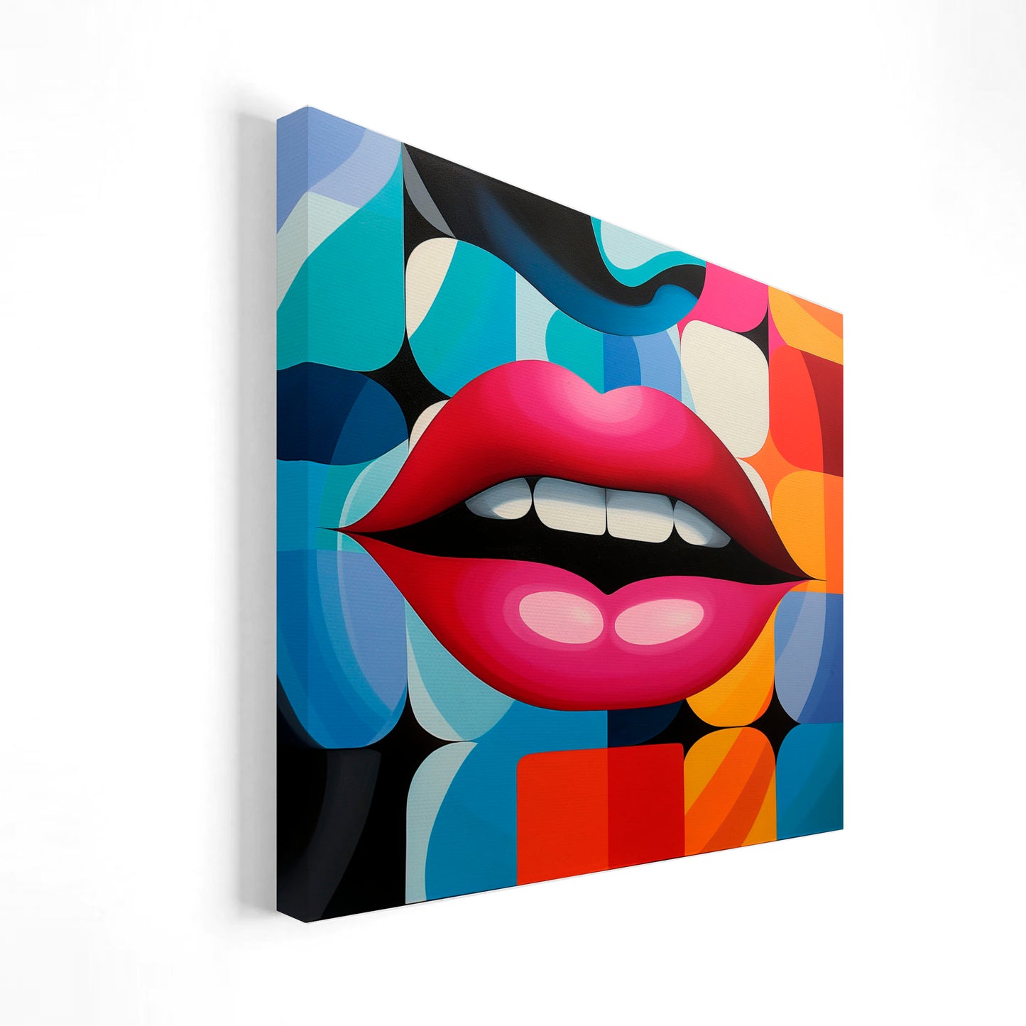 Imagen de arte pop que muestra unos labios rojos prominentes sobre un fondo geométrico colorido, con formas y patrones vibrantes en tonos variados.