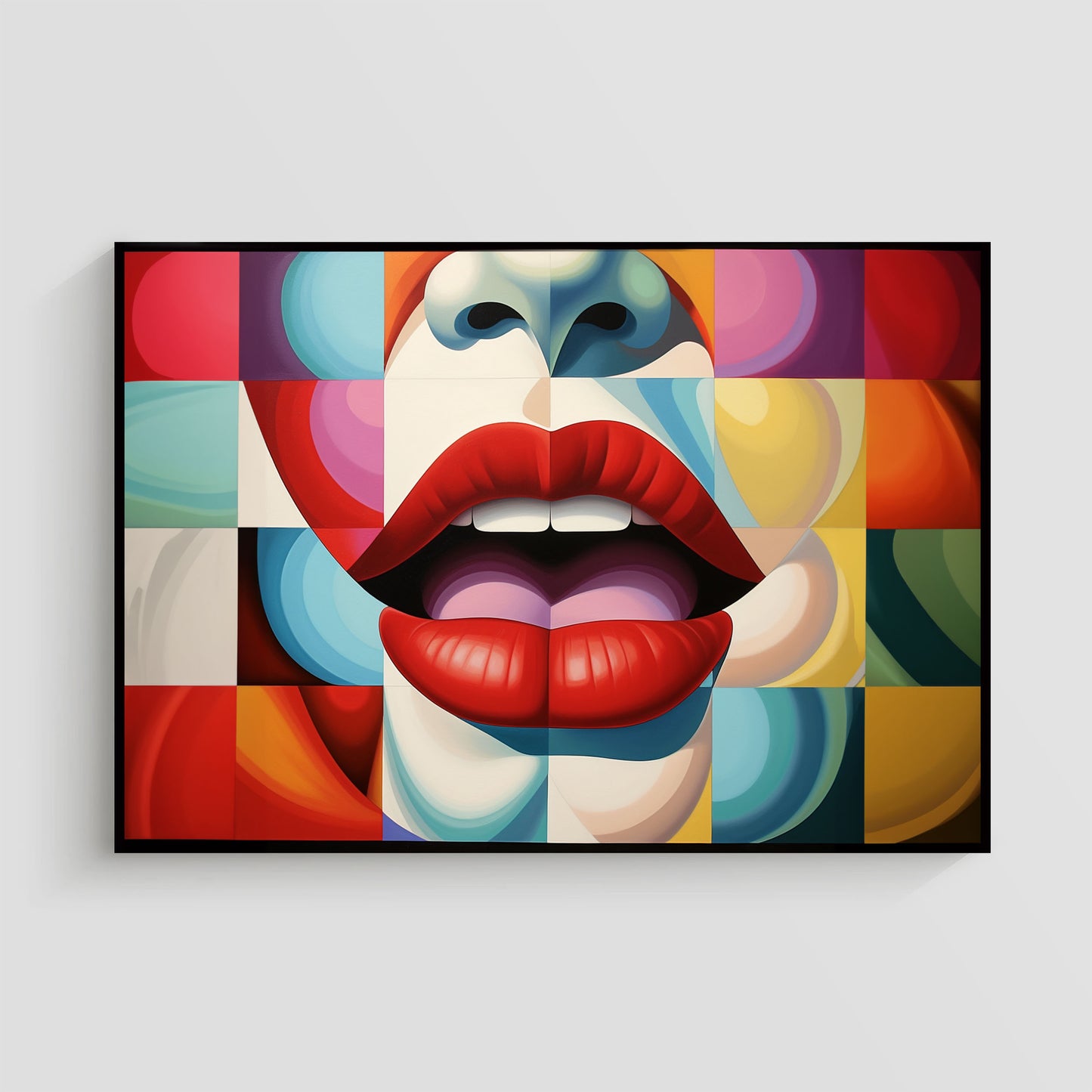 Imagen de arte pop que muestra unos labios rojos abiertos sobre un fondo geométrico colorido, con formas y patrones vibrantes en tonos variados, destacando la nariz y parte del rostro en un estilo abstracto.