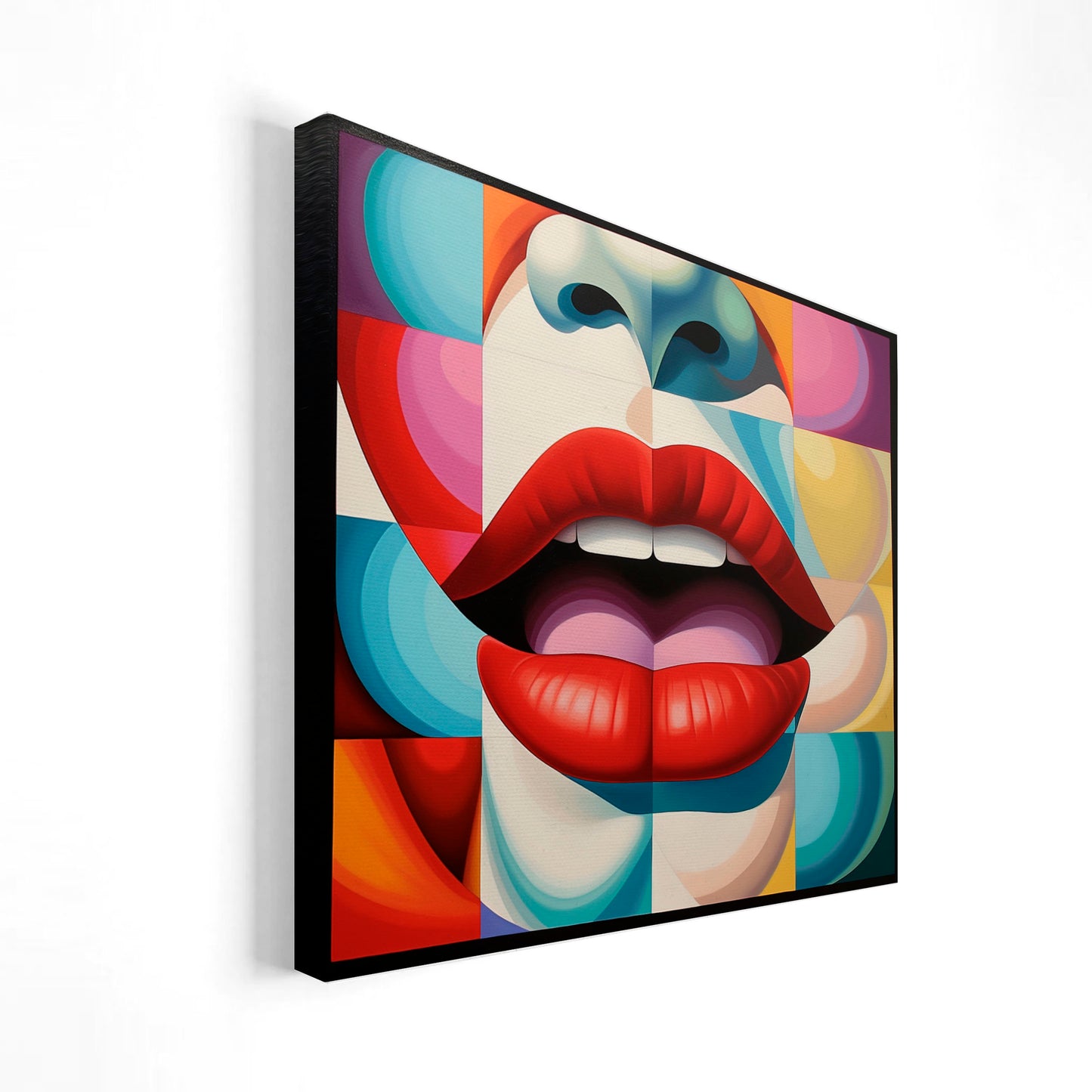 Imagen de arte pop que muestra unos labios rojos abiertos sobre un fondo geométrico colorido, con formas y patrones vibrantes en tonos variados, destacando la nariz y parte del rostro en un estilo abstracto.