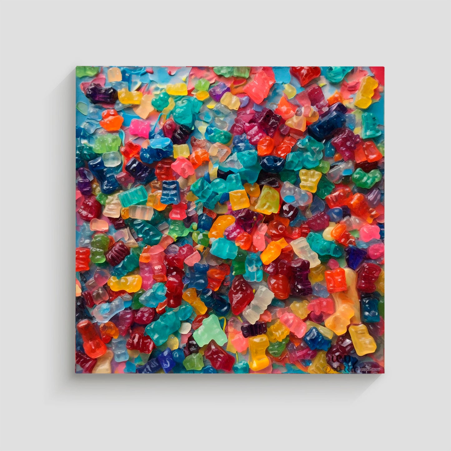 Cuadro colorido de una gran cantidad de gomitas en diversos tonos brillantes y translúcidos, amontonadas sobre una superficie azul. Ideal para una decoración divertida y lúdica en ambientes informales o espacios infantiles.