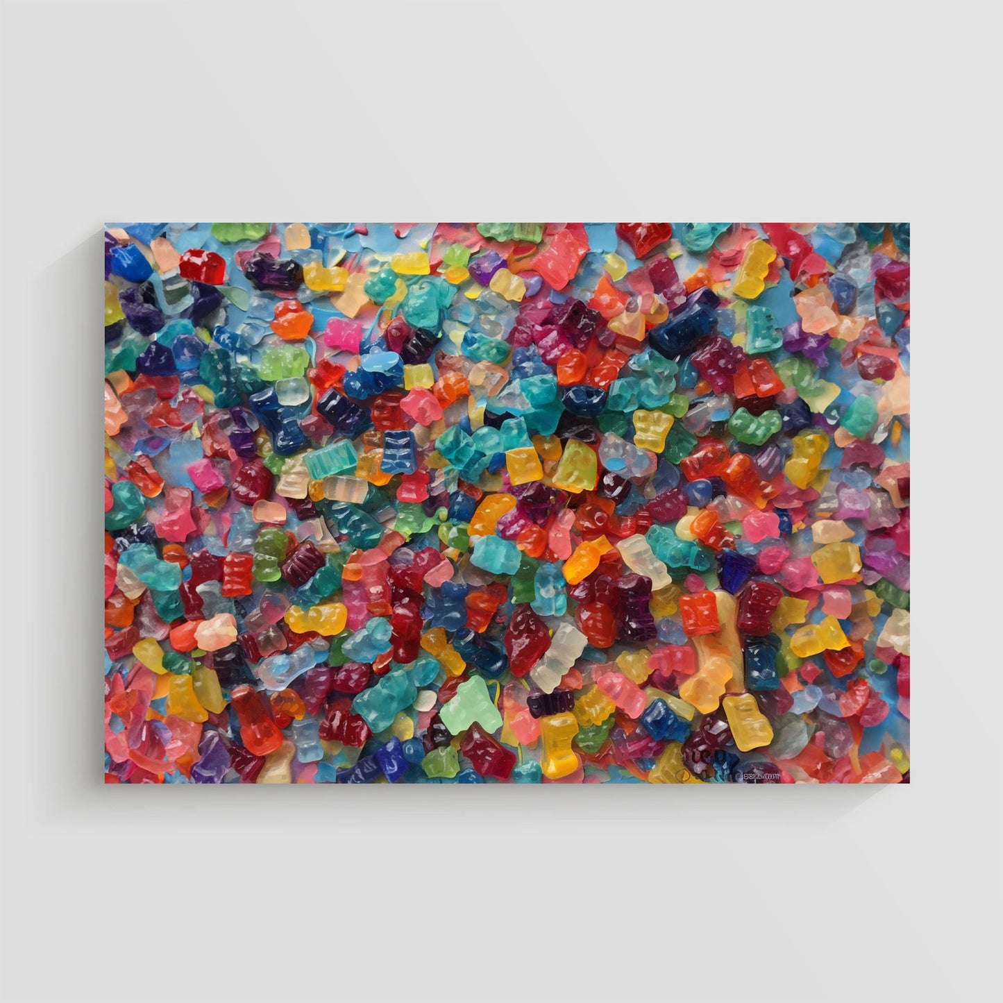 Cuadro colorido de una gran cantidad de gomitas en diversos tonos brillantes y translúcidos, amontonadas sobre una superficie azul. Ideal para una decoración divertida y lúdica en ambientes informales o espacios infantiles.