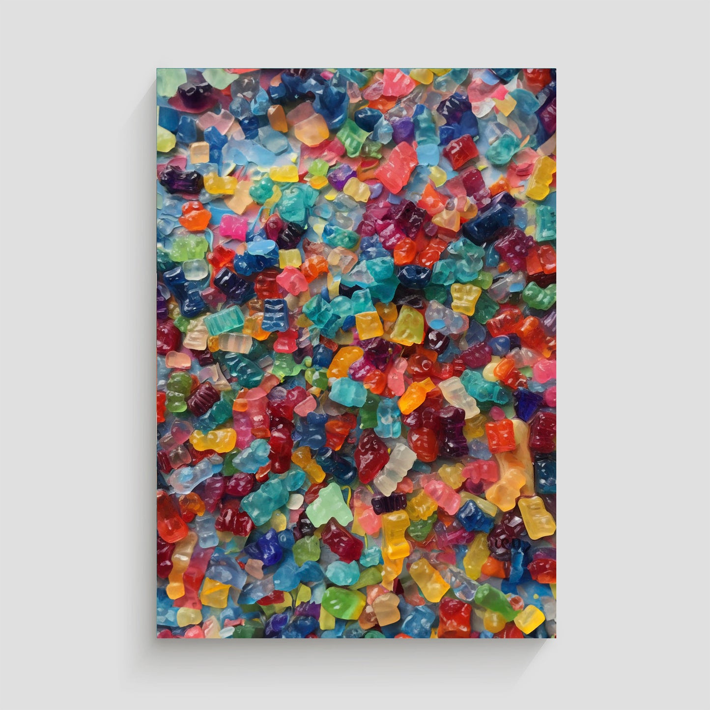 Cuadro colorido de una gran cantidad de gomitas en diversos tonos brillantes y translúcidos, amontonadas sobre una superficie azul. Ideal para una decoración divertida y lúdica en ambientes informales o espacios infantiles.