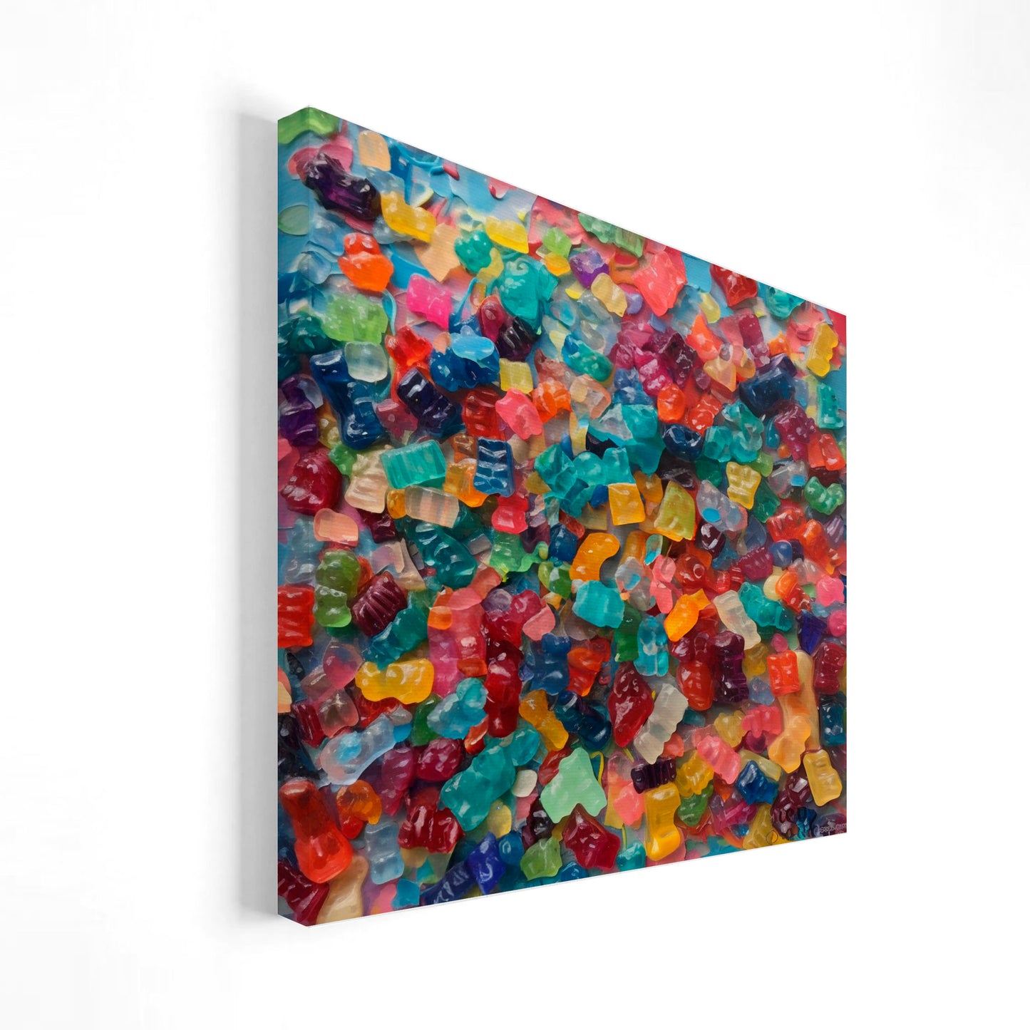 Cuadro colorido de una gran cantidad de gomitas en diversos tonos brillantes y translúcidos, amontonadas sobre una superficie azul. Ideal para una decoración divertida y lúdica en ambientes informales o espacios infantiles.