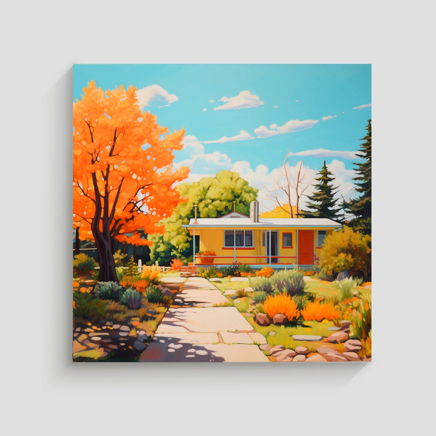 Cuadro de una casa de color amarillo con un porche, rodeada de un jardín vibrante en otoño, con un árbol de hojas naranjas y un cielo azul despejado. La escena captura la calidez y la serenidad de un entorno natural en temporada otoñal.