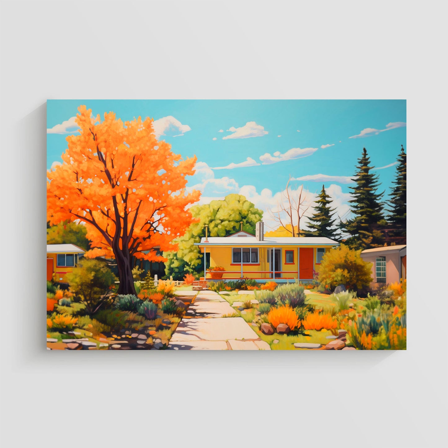 Cuadro de una casa de color amarillo con un porche, rodeada de un jardín vibrante en otoño, con un árbol de hojas naranjas y un cielo azul despejado. La escena captura la calidez y la serenidad de un entorno natural en temporada otoñal.