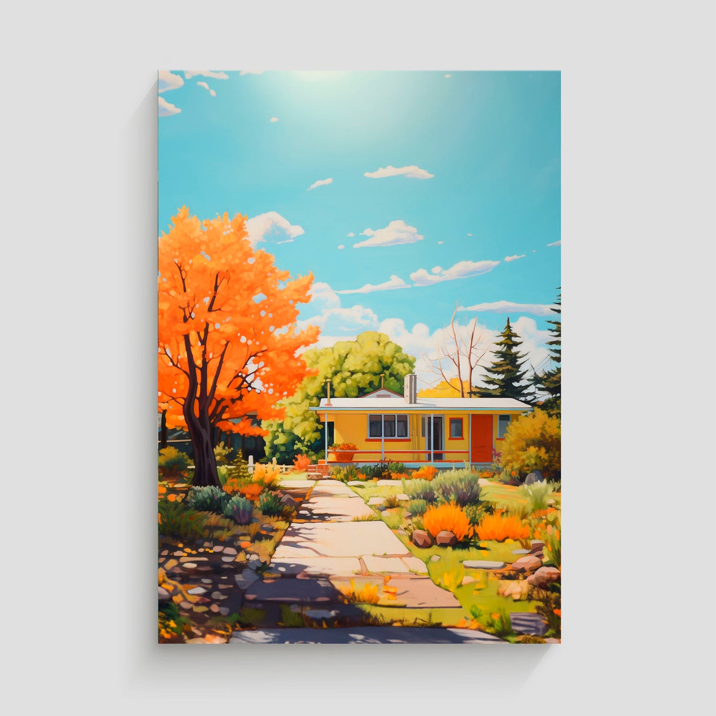 Cuadro de una casa de color amarillo con un porche, rodeada de un jardín vibrante en otoño, con un árbol de hojas naranjas y un cielo azul despejado. La escena captura la calidez y la serenidad de un entorno natural en temporada otoñal.