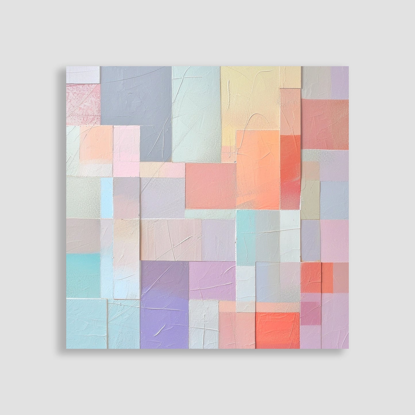 Imagen abstracta con un patrón de bloques geométricos en tonos pastel suaves, incluyendo rosa, lila, azul y coral, dispuestos en un diseño texturizado. Ideal para agregar un toque moderno y sofisticado a la decoración de interiores.