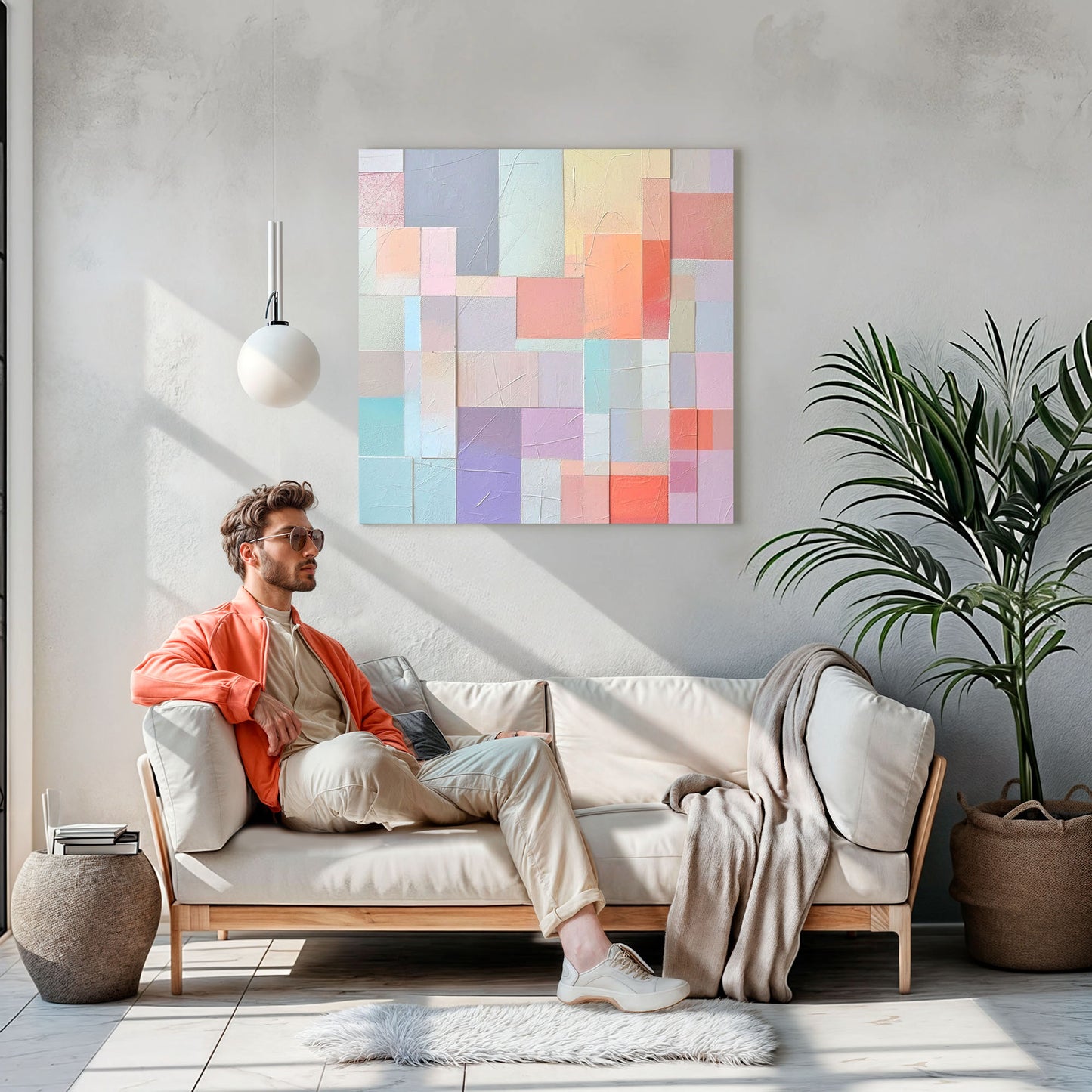 Imagen abstracta con un patrón de bloques geométricos en tonos pastel suaves, incluyendo rosa, lila, azul y coral, dispuestos en un diseño texturizado. Ideal para agregar un toque moderno y sofisticado a la decoración de interiores.