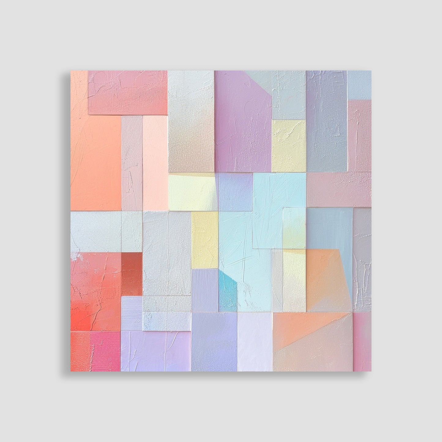 Imagen abstracta con un patrón de bloques geométricos en tonos pastel suaves, incluyendo rosa, lila, azul y coral, dispuestos en un diseño texturizado. Ideal para agregar un toque moderno y sofisticado a la decoración de interiores.