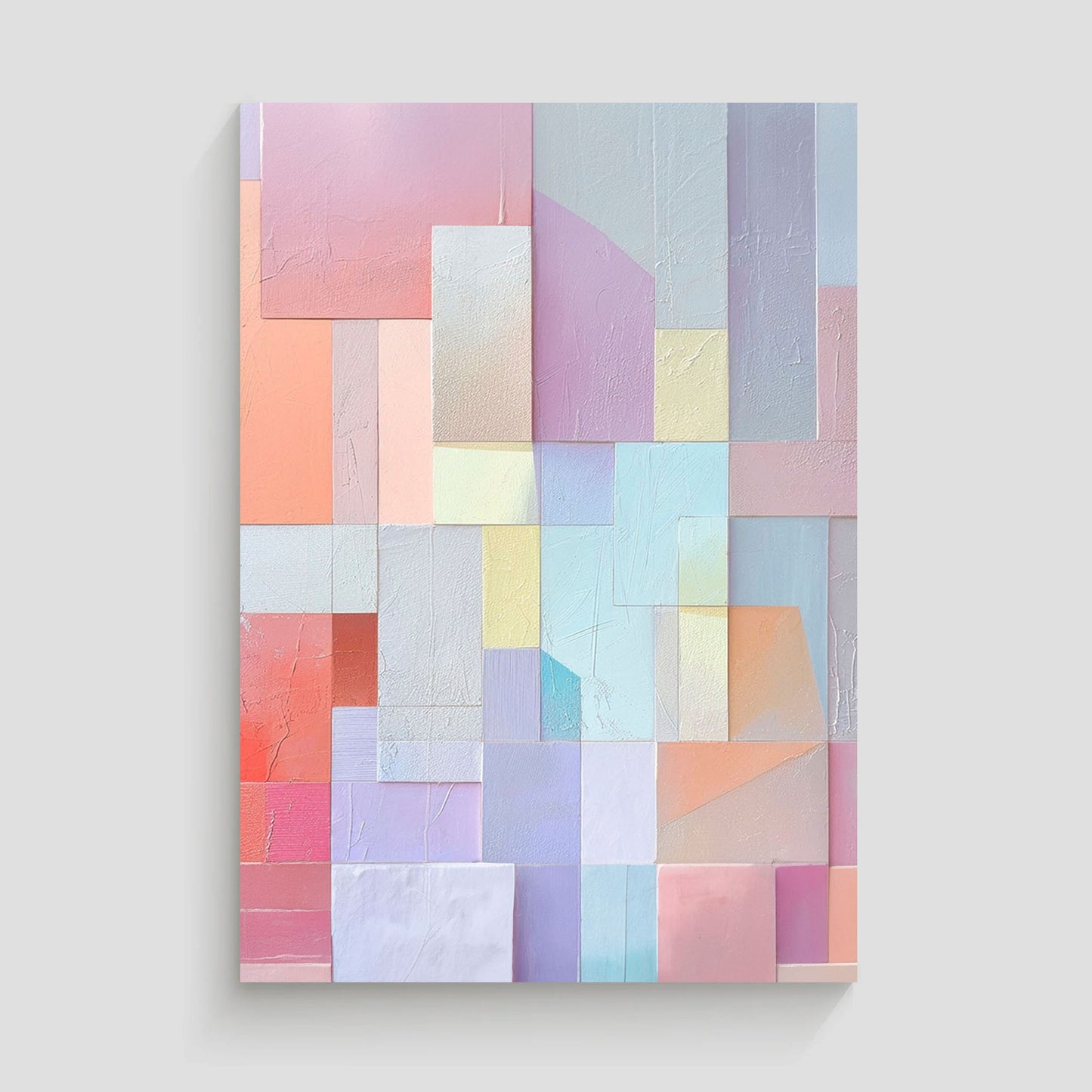 Imagen abstracta con un patrón de bloques geométricos en tonos pastel suaves, incluyendo rosa, lila, azul y coral, dispuestos en un diseño texturizado. Ideal para agregar un toque moderno y sofisticado a la decoración de interiores.