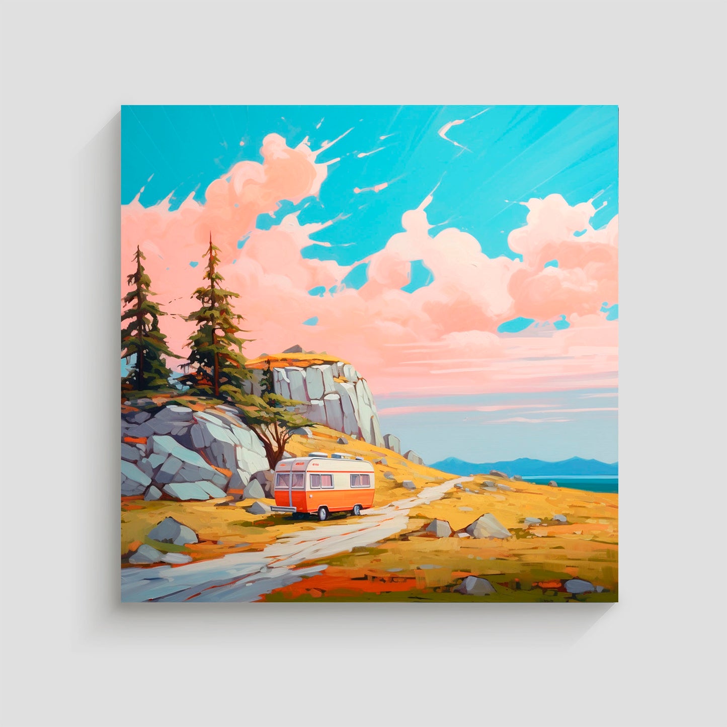 Imagen de una caravana vintage estacionada en un paisaje natural, rodeada de árboles y montañas bajo un cielo rosado y azul. La escena evoca tranquilidad y aventura, ideal para decoración inspirada en viajes y la naturaleza.