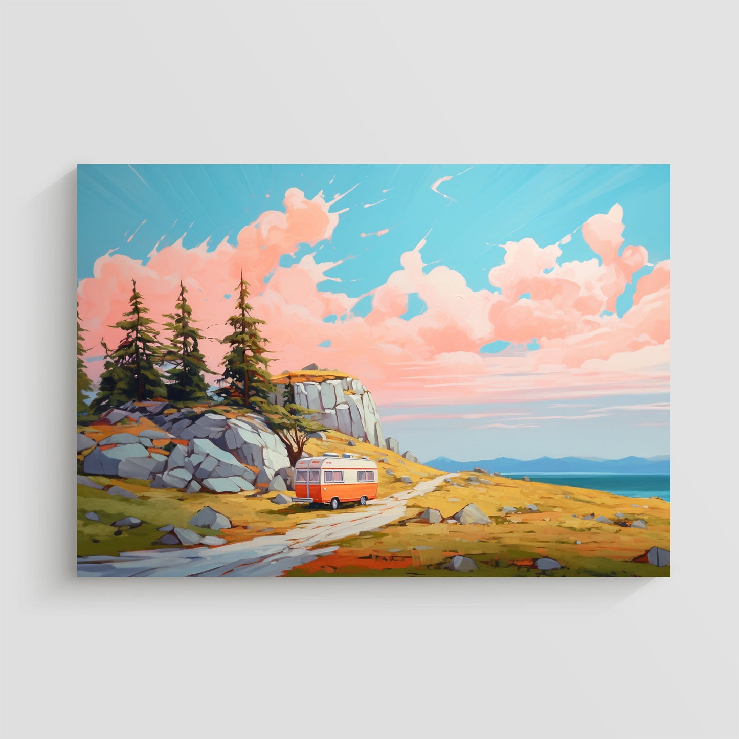 Imagen de una caravana vintage estacionada en un paisaje natural, rodeada de árboles y montañas bajo un cielo rosado y azul. La escena evoca tranquilidad y aventura, ideal para decoración inspirada en viajes y la naturaleza.