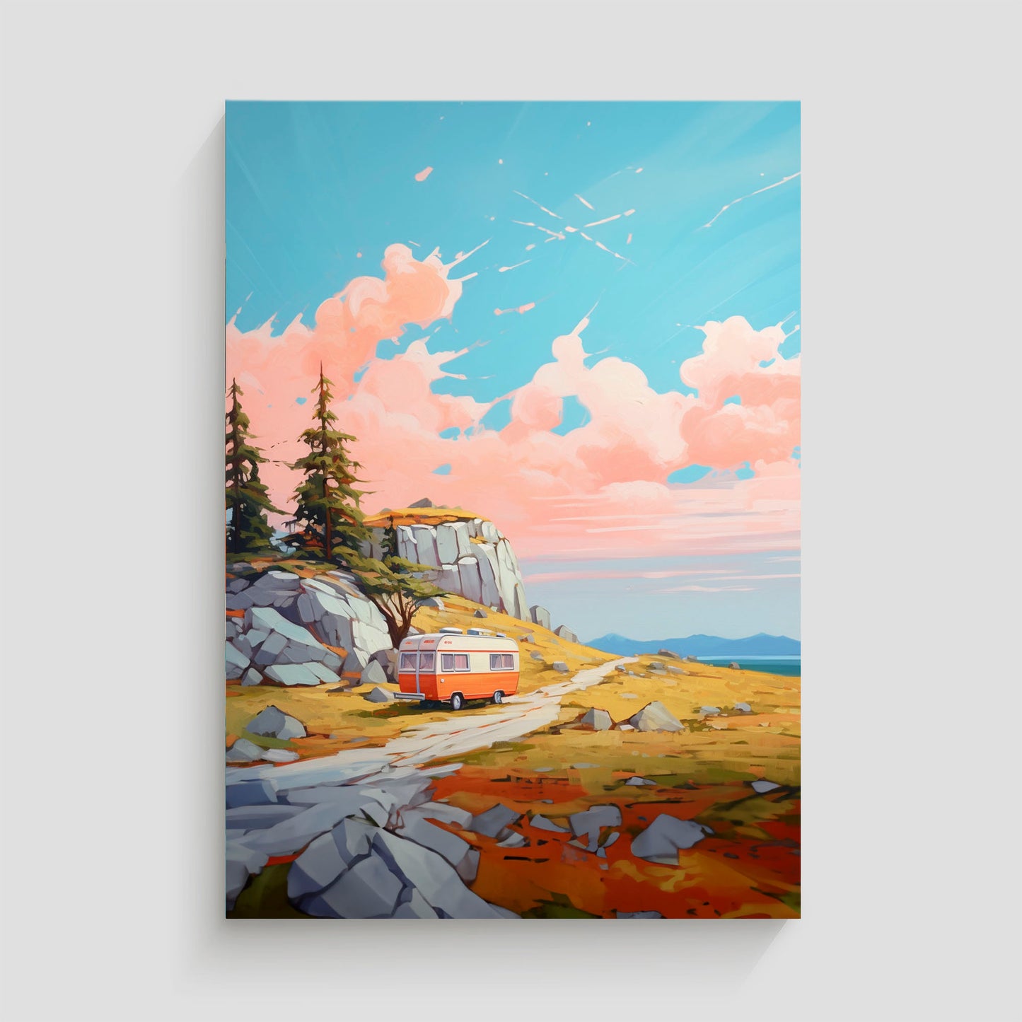 Imagen de una caravana vintage estacionada en un paisaje natural, rodeada de árboles y montañas bajo un cielo rosado y azul. La escena evoca tranquilidad y aventura, ideal para decoración inspirada en viajes y la naturaleza.