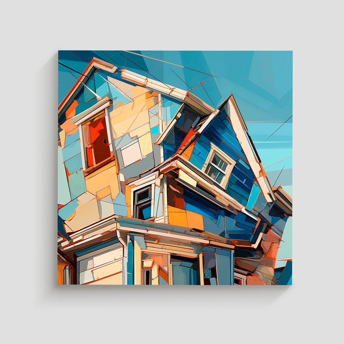 Imagen abstracta de una casa compuesta por formas geométricas y una paleta de colores vibrantes como azul, naranja y beige. La obra destaca por su estilo dinámico y contemporáneo, ideal para decoración moderna y artística.