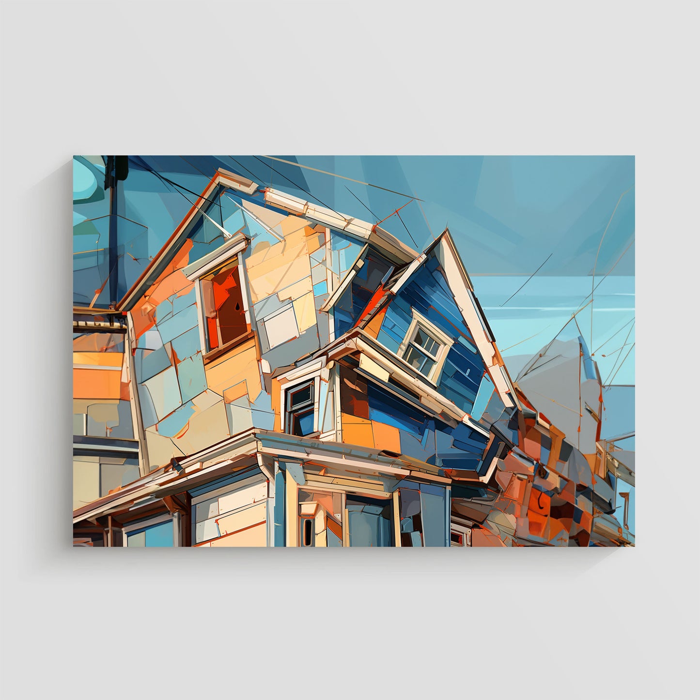 Imagen abstracta de una casa compuesta por formas geométricas y una paleta de colores vibrantes como azul, naranja y beige. La obra destaca por su estilo dinámico y contemporáneo, ideal para decoración moderna y artística.