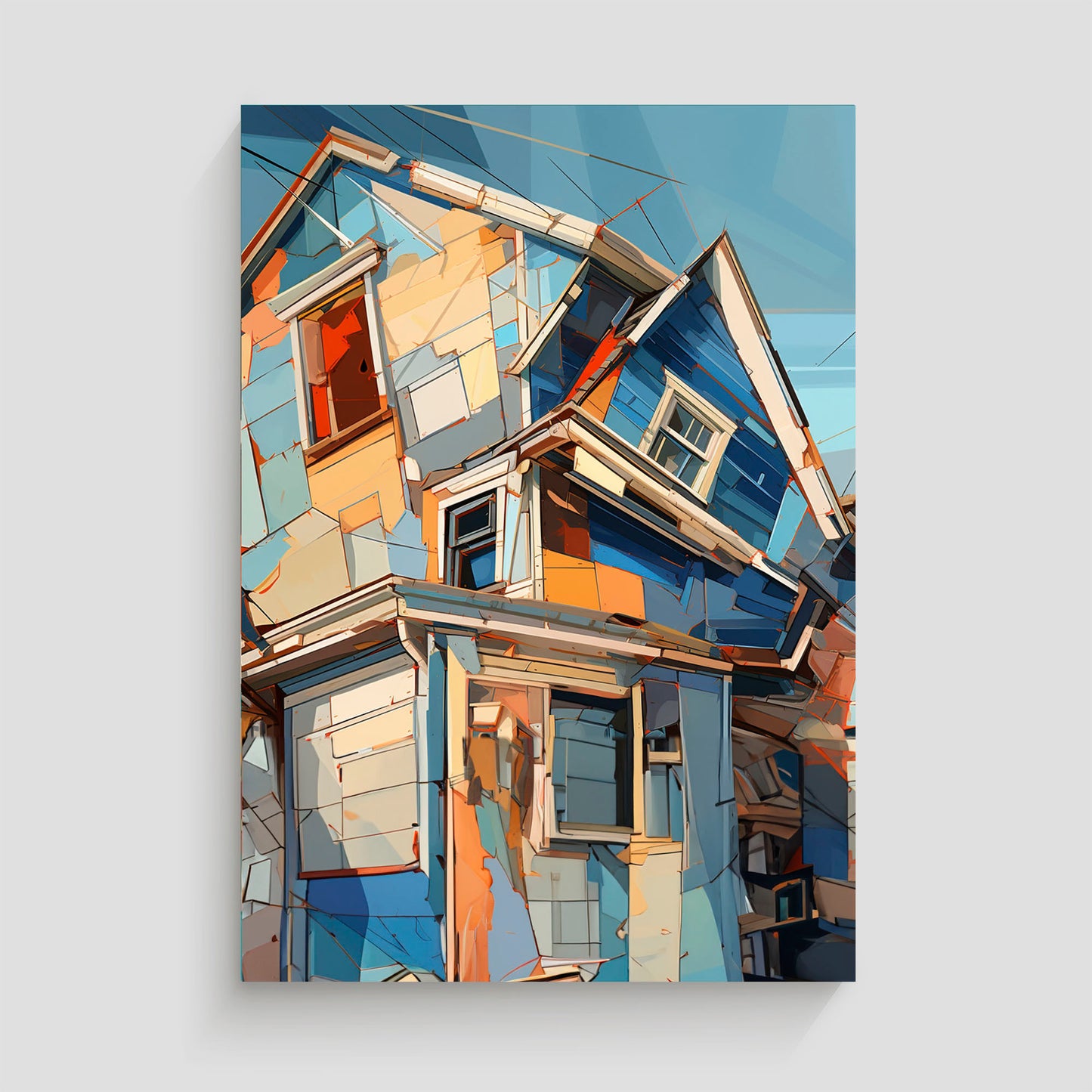 Imagen abstracta de una casa compuesta por formas geométricas y una paleta de colores vibrantes como azul, naranja y beige. La obra destaca por su estilo dinámico y contemporáneo, ideal para decoración moderna y artística.