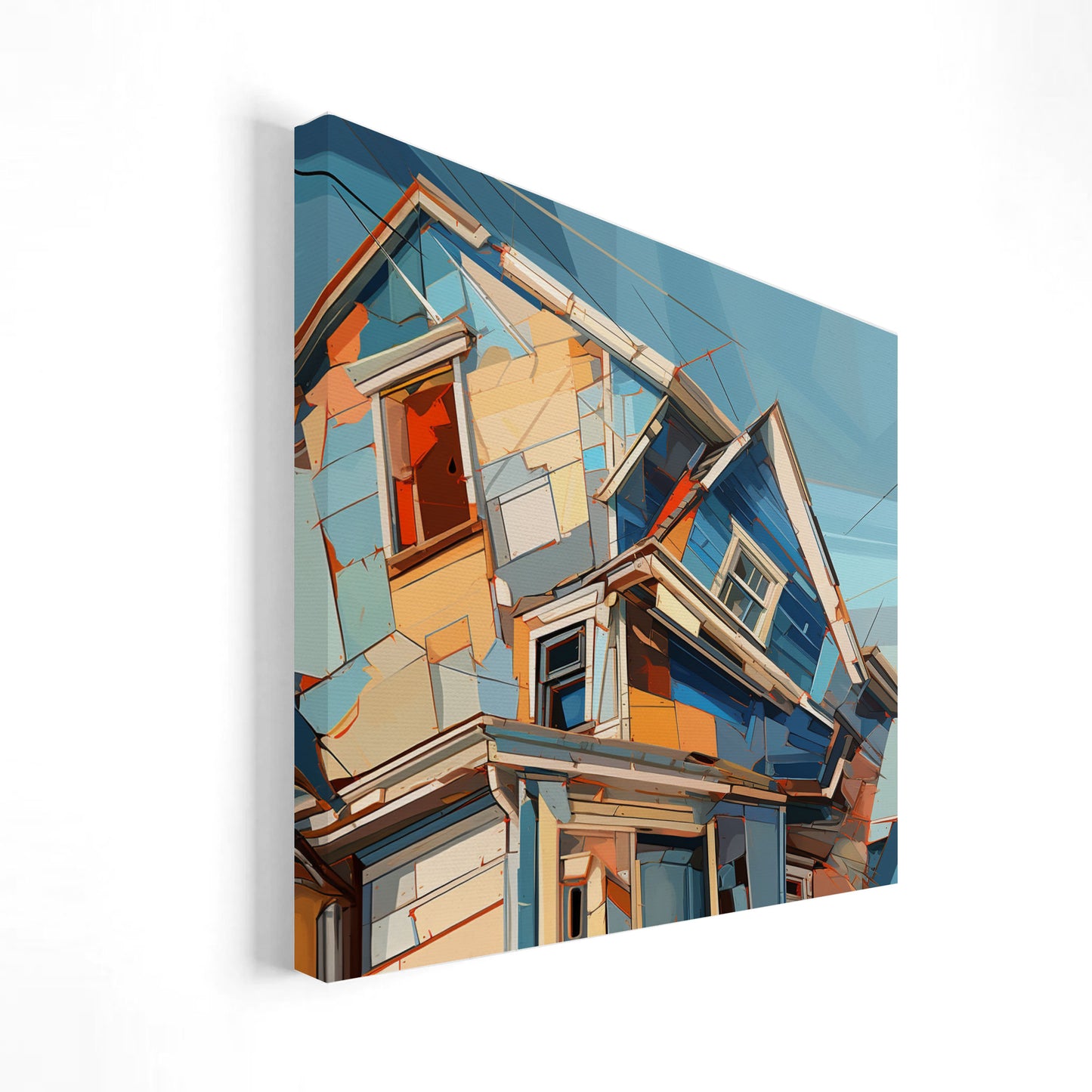 Imagen abstracta de una casa compuesta por formas geométricas y una paleta de colores vibrantes como azul, naranja y beige. La obra destaca por su estilo dinámico y contemporáneo, ideal para decoración moderna y artística.
