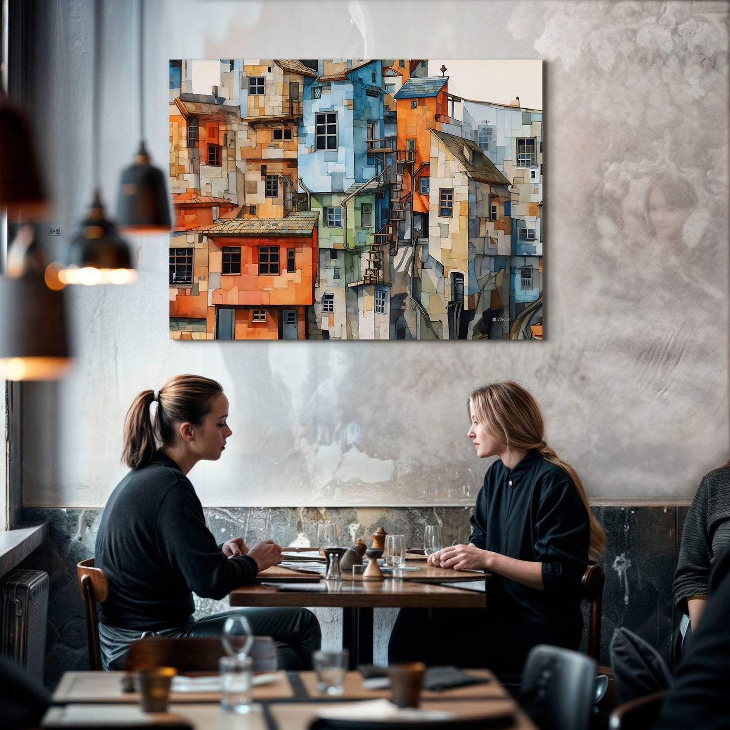 Cuadro de un pueblo compuesto por casas apiladas con colores vivos como azul, naranja y verde, presentadas en un estilo abstracto y detallado. La obra destaca por su arquitectura única y textura artística, ideal para decoración creativa y moderna.