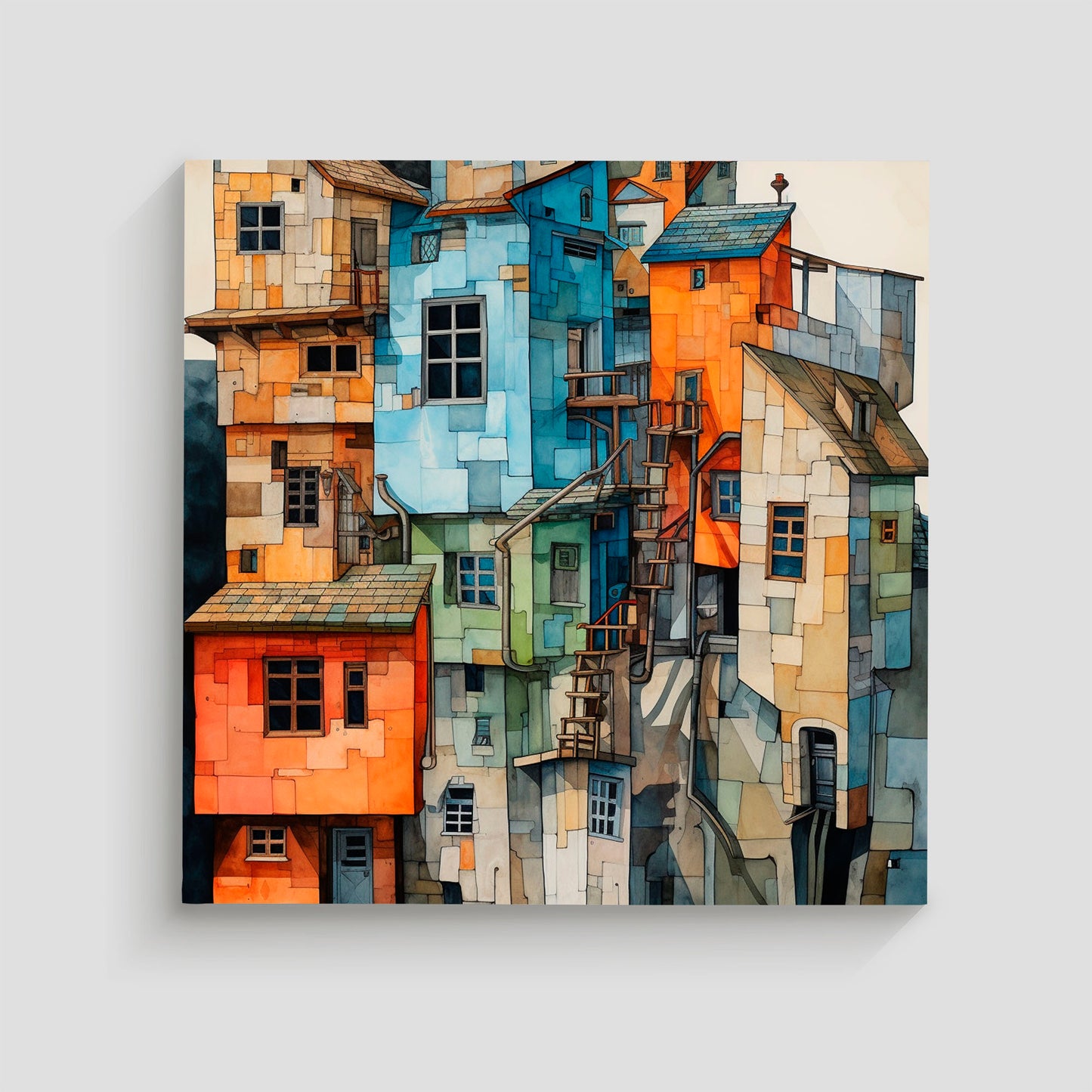 Cuadro de un pueblo compuesto por casas apiladas con colores vivos como azul, naranja y verde, presentadas en un estilo abstracto y detallado. La obra destaca por su arquitectura única y textura artística, ideal para decoración creativa y moderna.