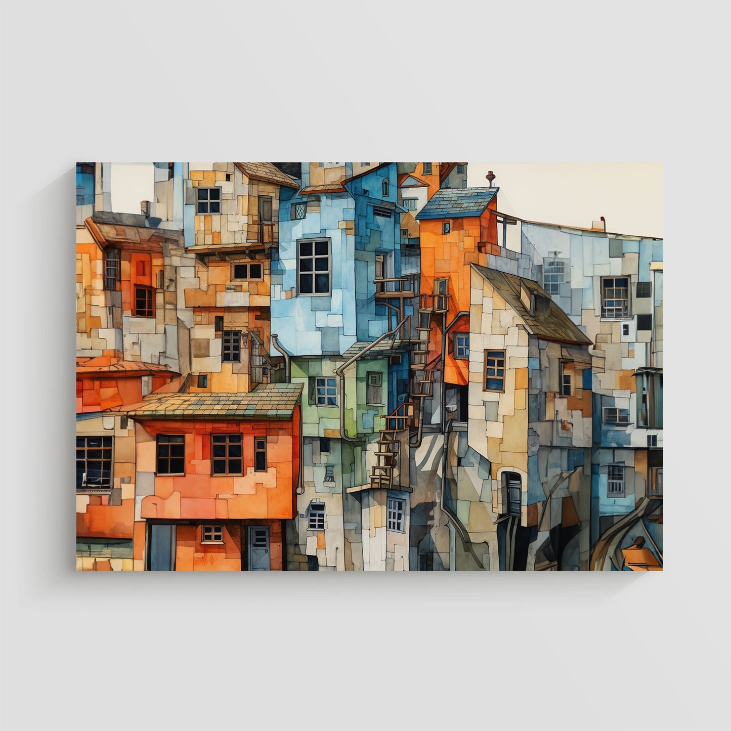 Cuadro de un pueblo compuesto por casas apiladas con colores vivos como azul, naranja y verde, presentadas en un estilo abstracto y detallado. La obra destaca por su arquitectura única y textura artística, ideal para decoración creativa y moderna.