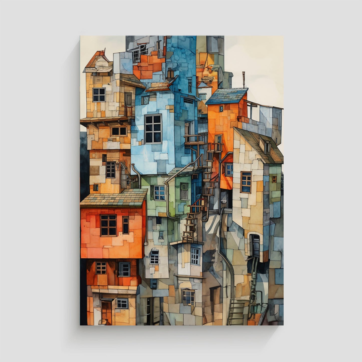 Cuadro de un pueblo compuesto por casas apiladas con colores vivos como azul, naranja y verde, presentadas en un estilo abstracto y detallado. La obra destaca por su arquitectura única y textura artística, ideal para decoración creativa y moderna.