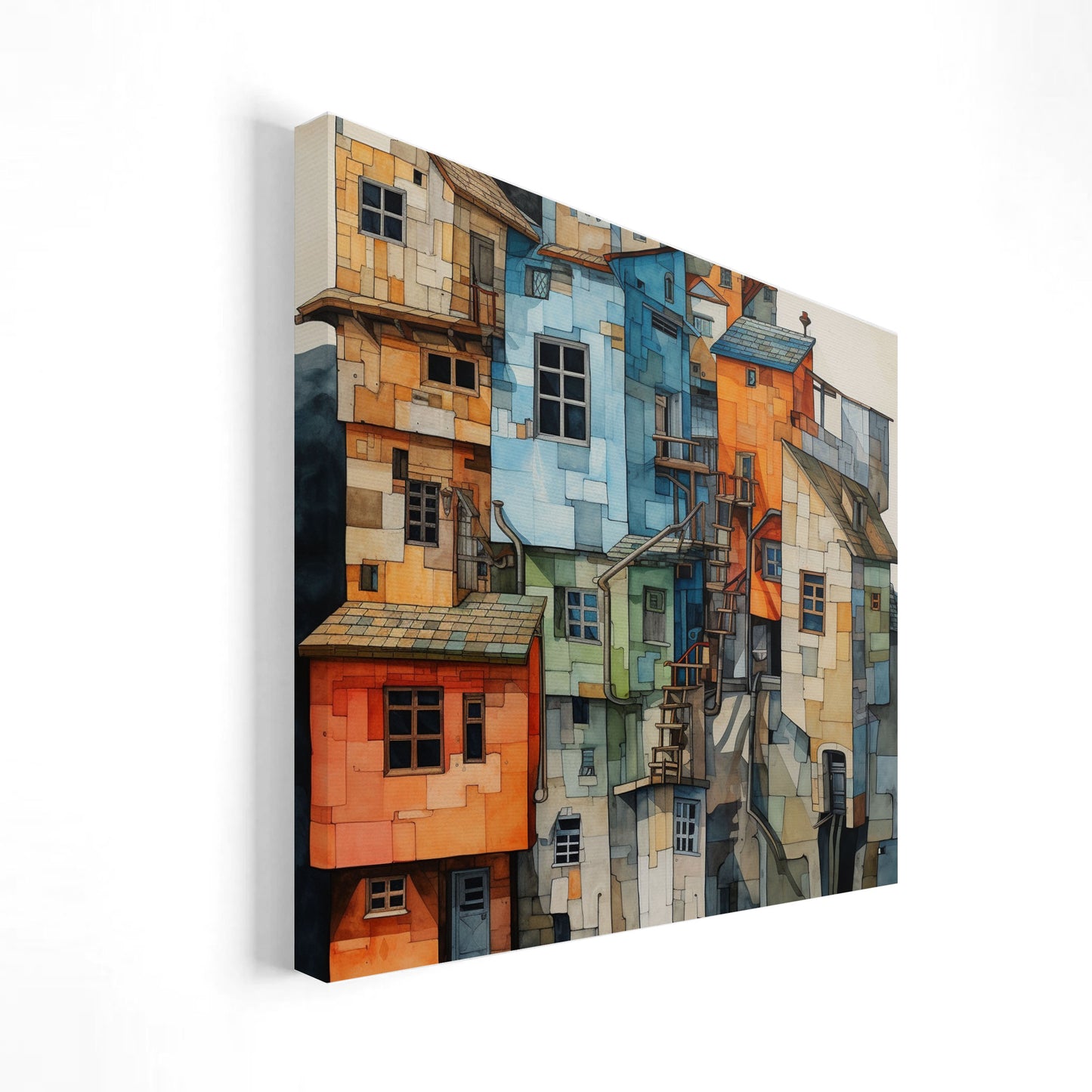 Cuadro de un pueblo compuesto por casas apiladas con colores vivos como azul, naranja y verde, presentadas en un estilo abstracto y detallado. La obra destaca por su arquitectura única y textura artística, ideal para decoración creativa y moderna.