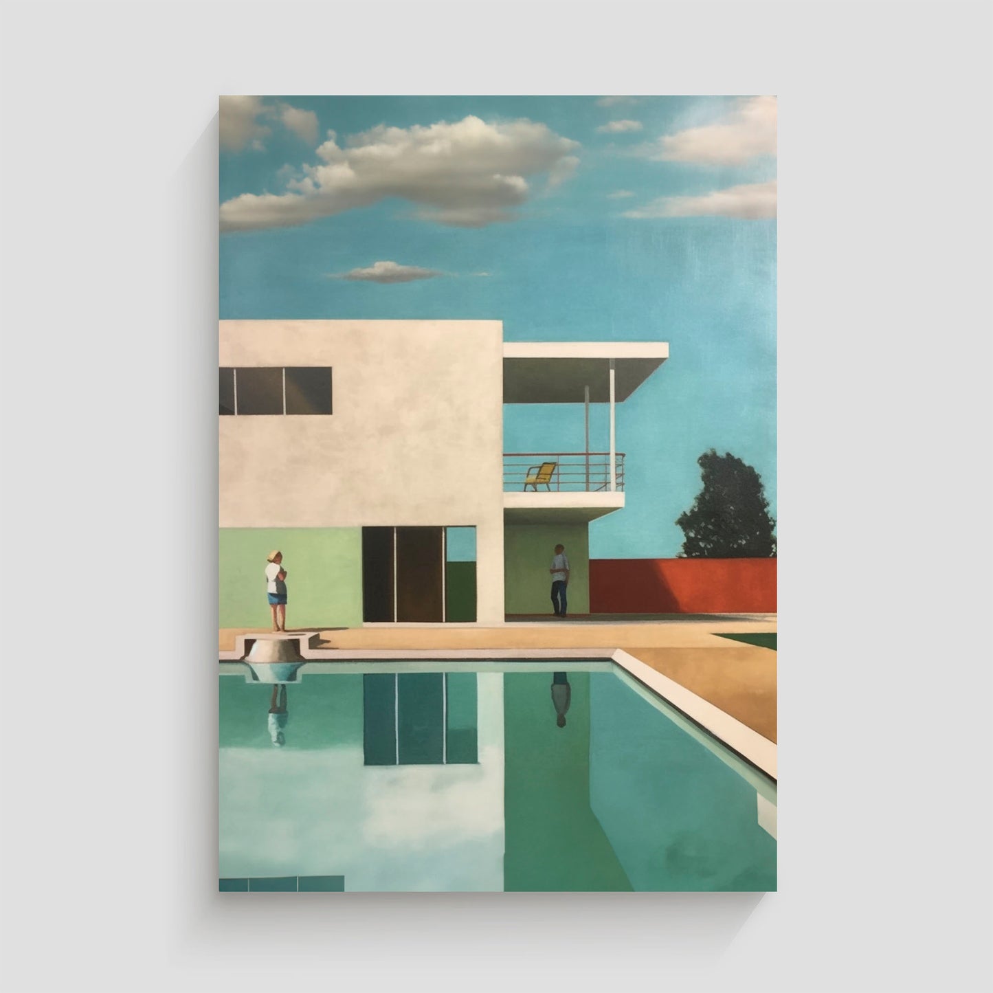 Imagen artística de una casa moderna con líneas minimalistas y una piscina en primer plano. Dos figuras humanas están presentes en la escena, una en la terraza superior y otra junto a la piscina, bajo un cielo azul claro. Ideal para decoración contemporánea que evoca tranquilidad y sofisticación.