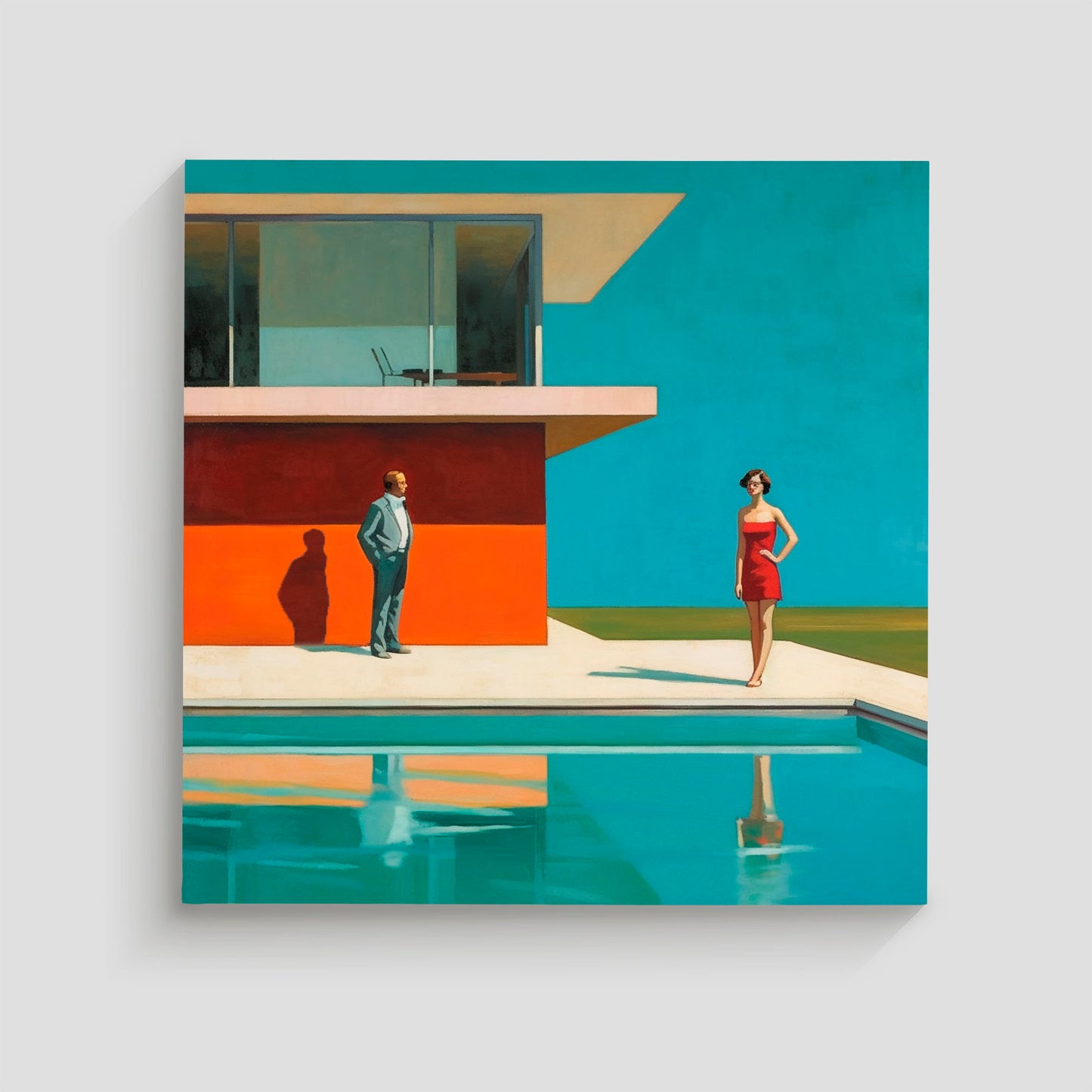Imagen artística de una casa de diseño minimalista con un muro rojo y una piscina en primer plano. Dos figuras humanas, un hombre en traje y una mujer con vestido rojo, están presentes en la escena, destacando bajo un cielo azul brillante. Ideal para decoración contemporánea que evoca lujo y estilo sofisticado.