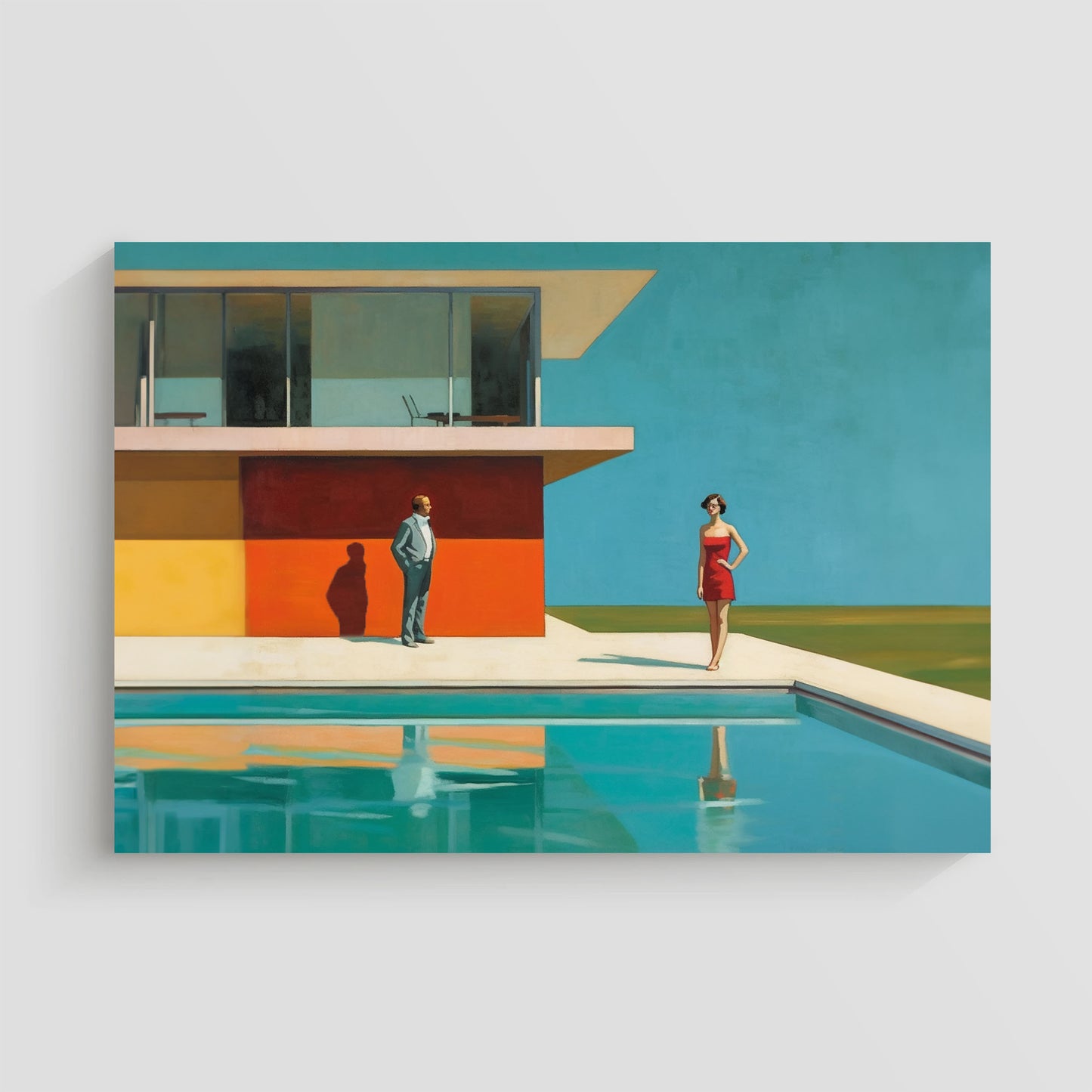 Imagen artística de una casa de diseño minimalista con un muro rojo y una piscina en primer plano. Dos figuras humanas, un hombre en traje y una mujer con vestido rojo, están presentes en la escena, destacando bajo un cielo azul brillante. Ideal para decoración contemporánea que evoca lujo y estilo sofisticado.