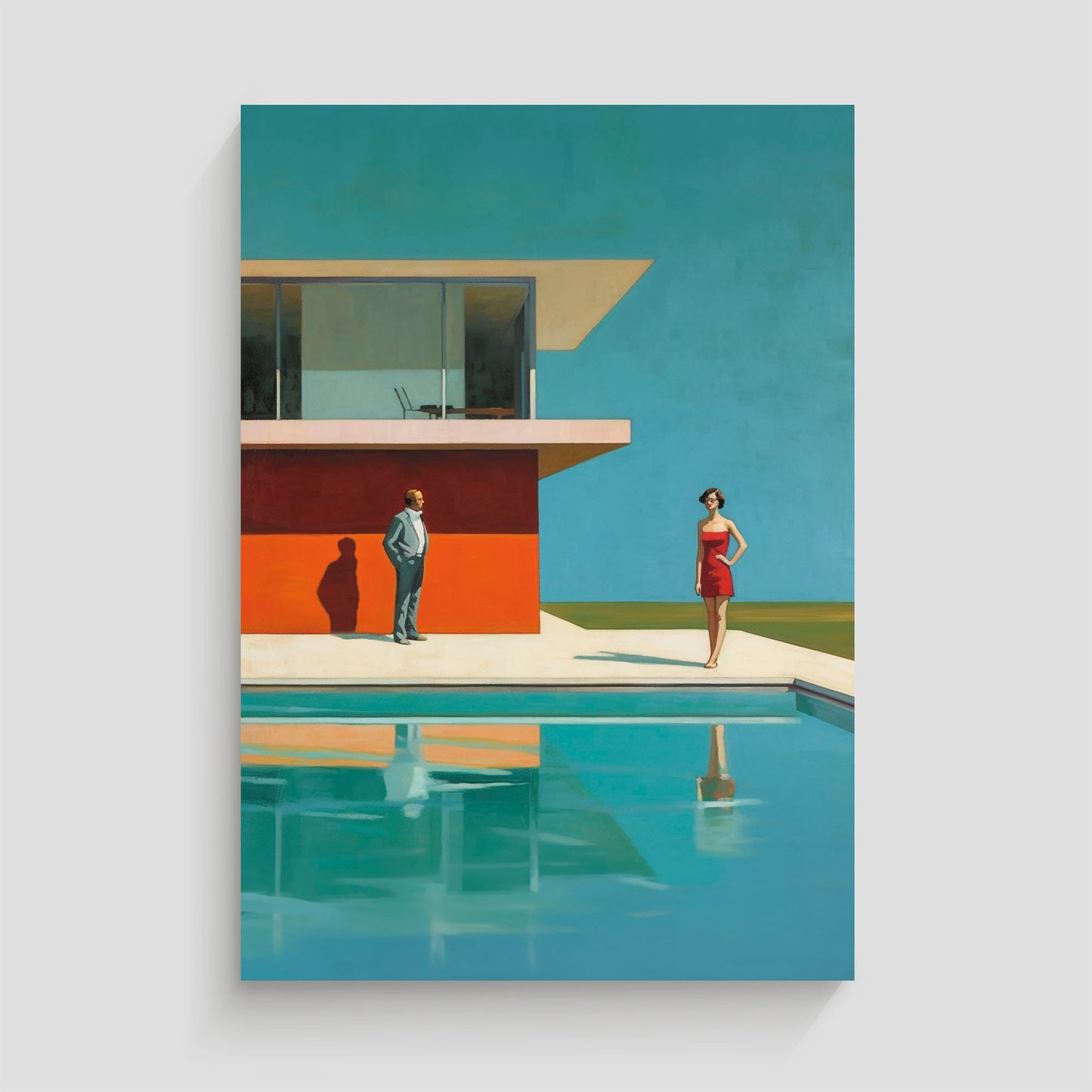 Imagen artística de una casa de diseño minimalista con un muro rojo y una piscina en primer plano. Dos figuras humanas, un hombre en traje y una mujer con vestido rojo, están presentes en la escena, destacando bajo un cielo azul brillante. Ideal para decoración contemporánea que evoca lujo y estilo sofisticado.