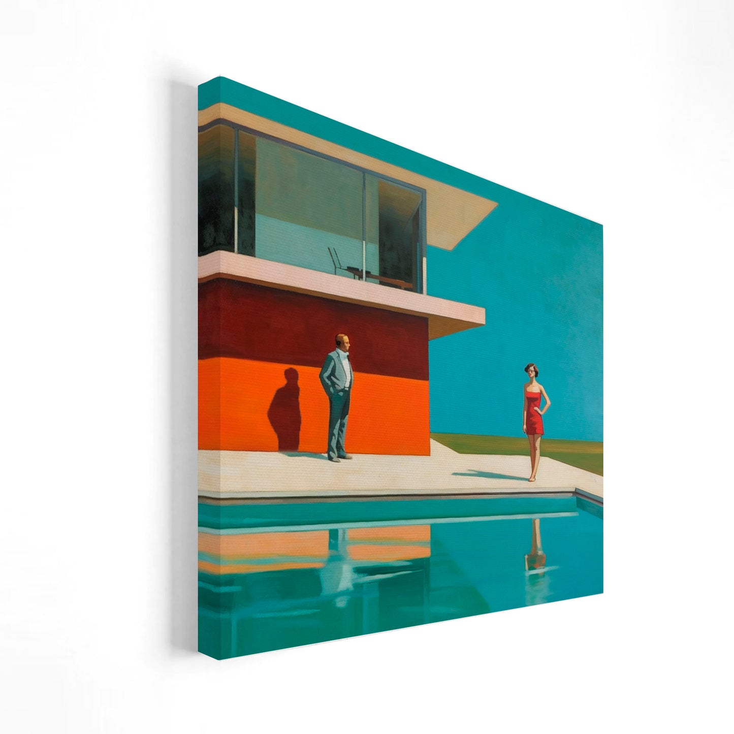 Imagen artística de una casa de diseño minimalista con un muro rojo y una piscina en primer plano. Dos figuras humanas, un hombre en traje y una mujer con vestido rojo, están presentes en la escena, destacando bajo un cielo azul brillante. Ideal para decoración contemporánea que evoca lujo y estilo sofisticado.