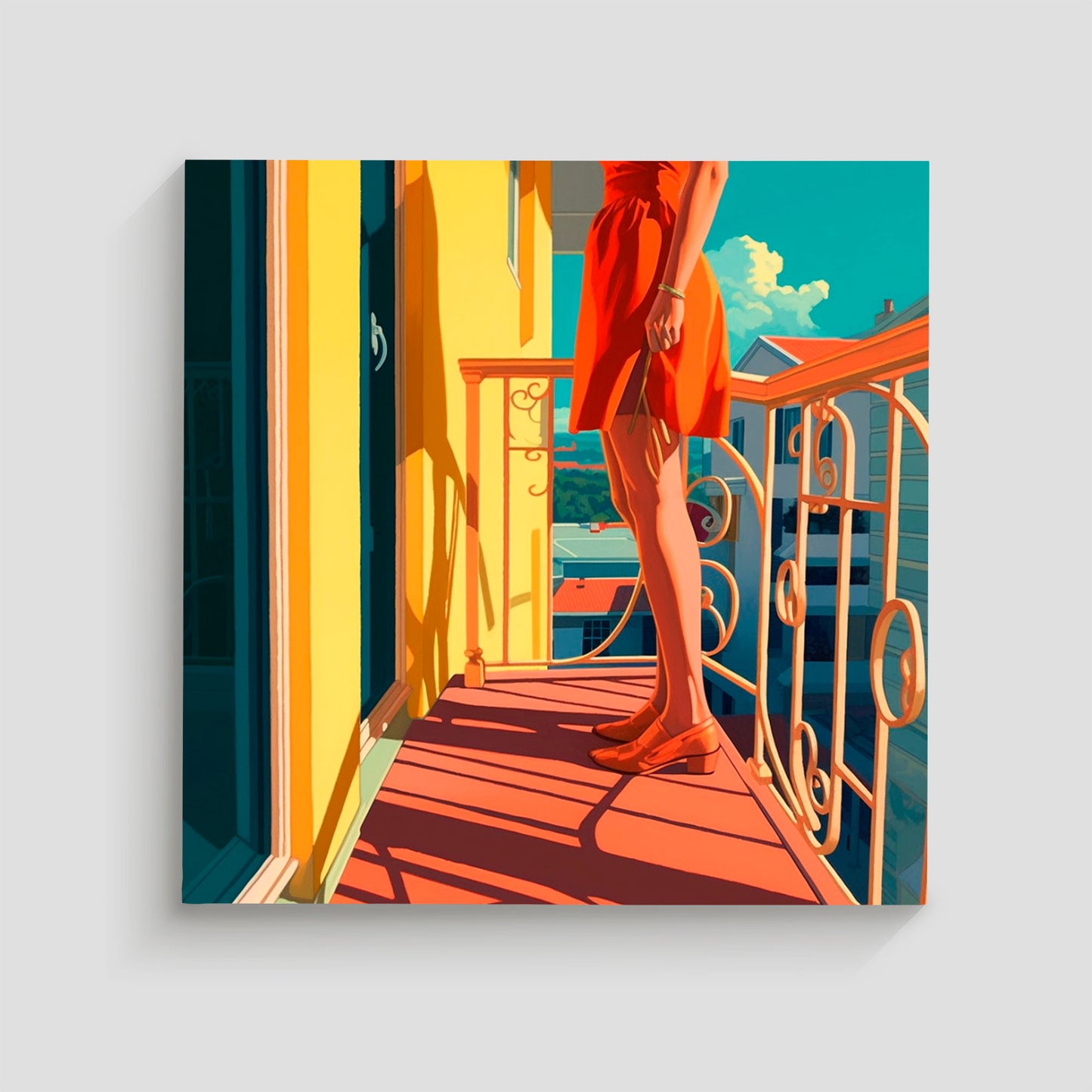 Imagen artística de una mujer de pie en un balcón, vestida con un vestido rojo y zapatos a juego, con la luz del sol proyectando sombras sobre el suelo y las barandillas. El fondo muestra una vista de edificios bajo un cielo azul claro. Ideal para decoración moderna que captura una escena de verano vibrante y relajante.