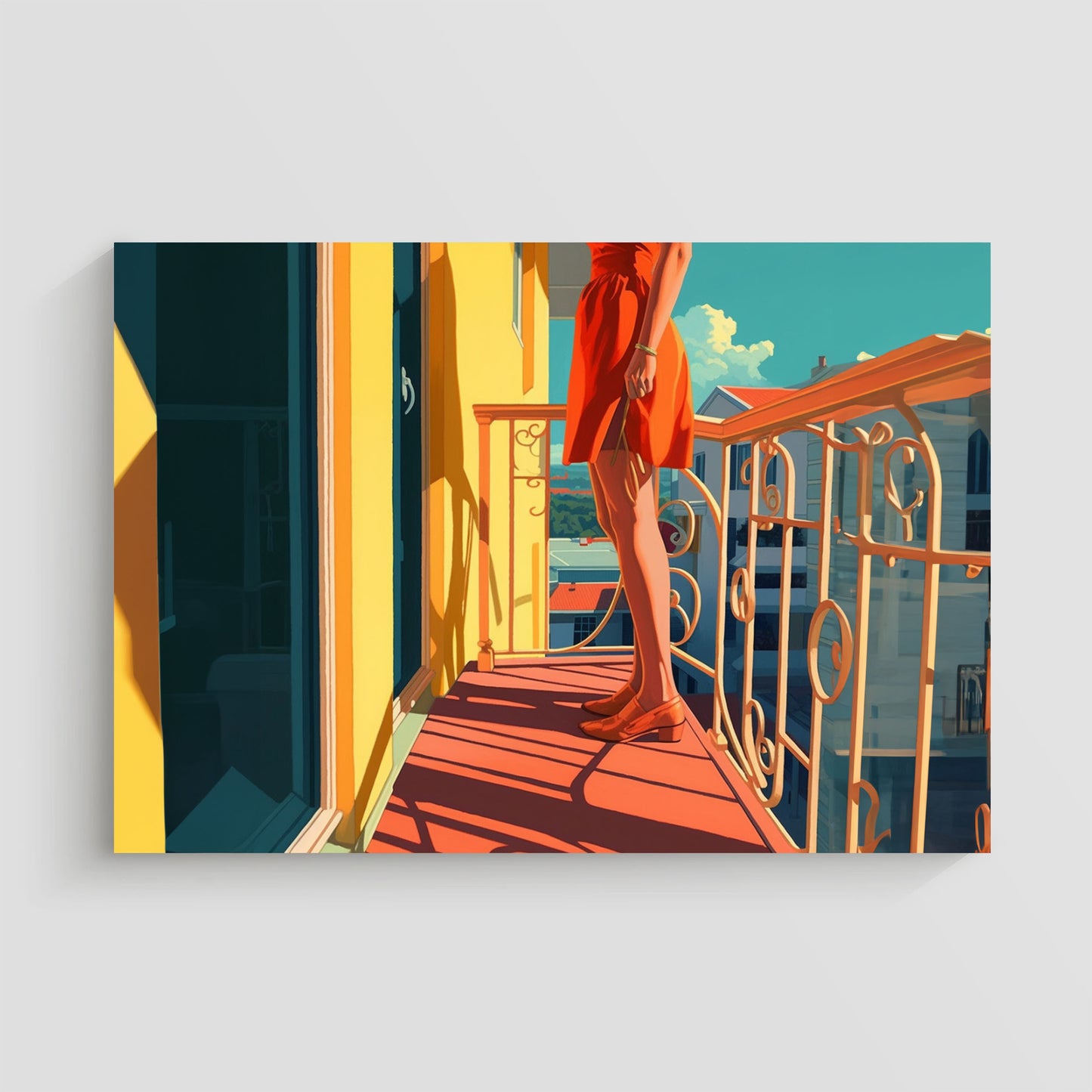 Imagen artística de una mujer de pie en un balcón, vestida con un vestido rojo y zapatos a juego, con la luz del sol proyectando sombras sobre el suelo y las barandillas. El fondo muestra una vista de edificios bajo un cielo azul claro. Ideal para decoración moderna que captura una escena de verano vibrante y relajante.