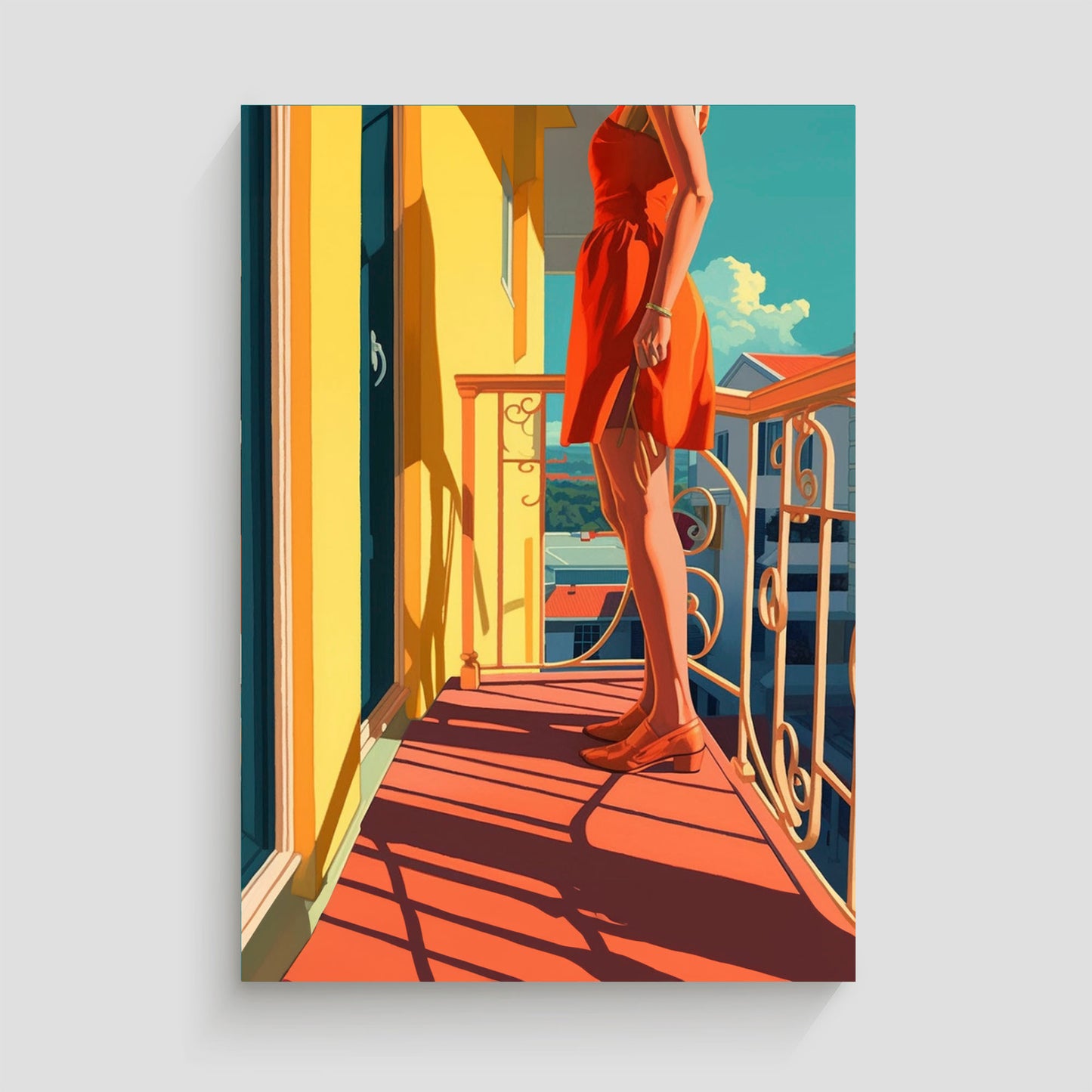 Imagen artística de una mujer de pie en un balcón, vestida con un vestido rojo y zapatos a juego, con la luz del sol proyectando sombras sobre el suelo y las barandillas. El fondo muestra una vista de edificios bajo un cielo azul claro. Ideal para decoración moderna que captura una escena de verano vibrante y relajante.