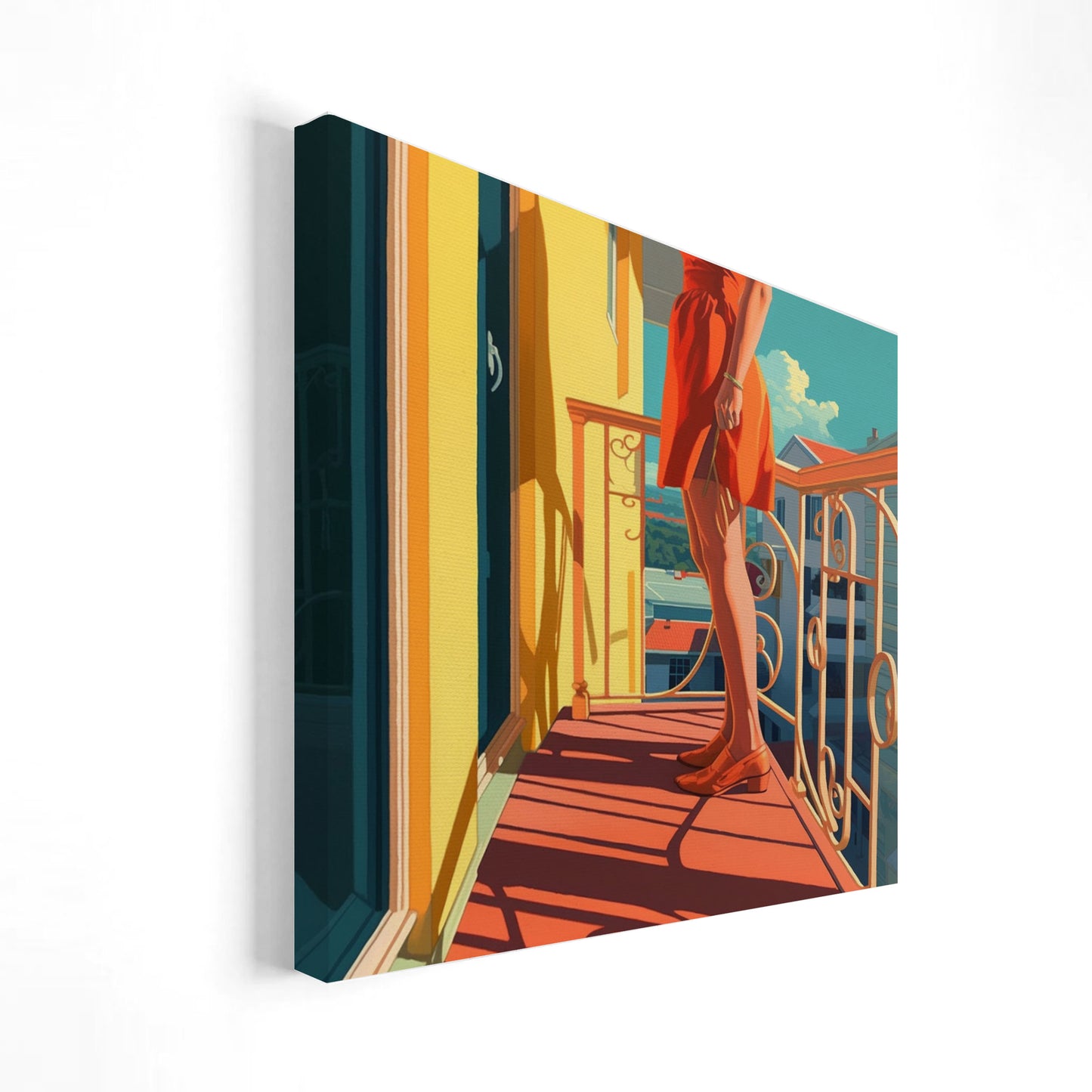Imagen artística de una mujer de pie en un balcón, vestida con un vestido rojo y zapatos a juego, con la luz del sol proyectando sombras sobre el suelo y las barandillas. El fondo muestra una vista de edificios bajo un cielo azul claro. Ideal para decoración moderna que captura una escena de verano vibrante y relajante.