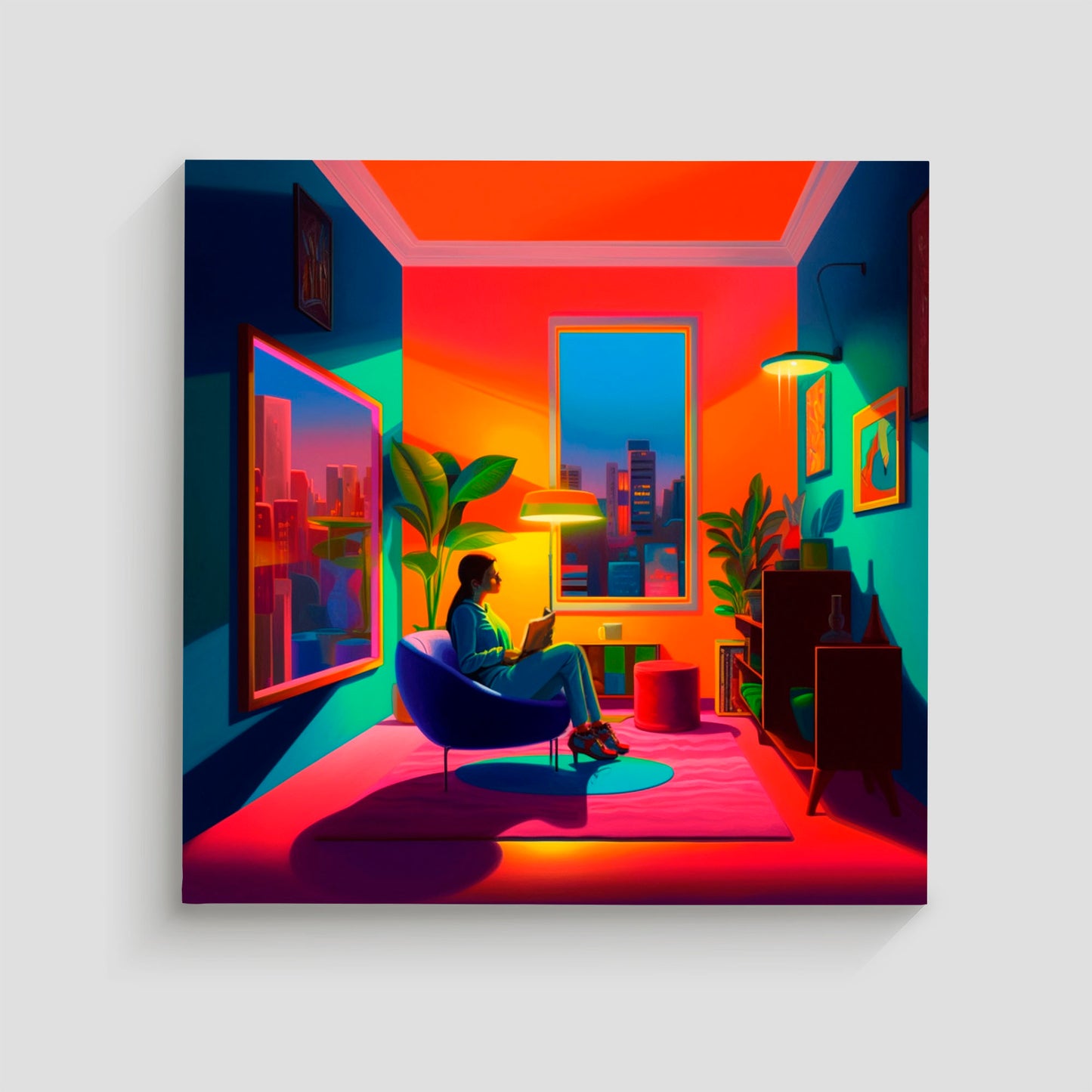 Imagen artística de una mujer sentada en una silla leyendo un libro dentro de una habitación con una decoración moderna y vibrante, iluminada por colores cálidos y fríos. Ventanas grandes muestran un paisaje urbano en el fondo, creando un ambiente acogedor y contemporáneo. Ideal para decoración de interiores y arte moderno.