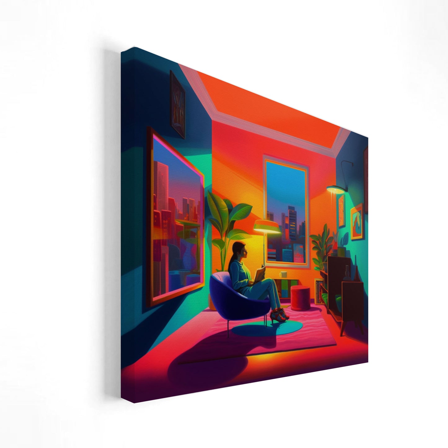 Imagen artística de una mujer sentada en una silla leyendo un libro dentro de una habitación con una decoración moderna y vibrante, iluminada por colores cálidos y fríos. Ventanas grandes muestran un paisaje urbano en el fondo, creando un ambiente acogedor y contemporáneo. Ideal para decoración de interiores y arte moderno.