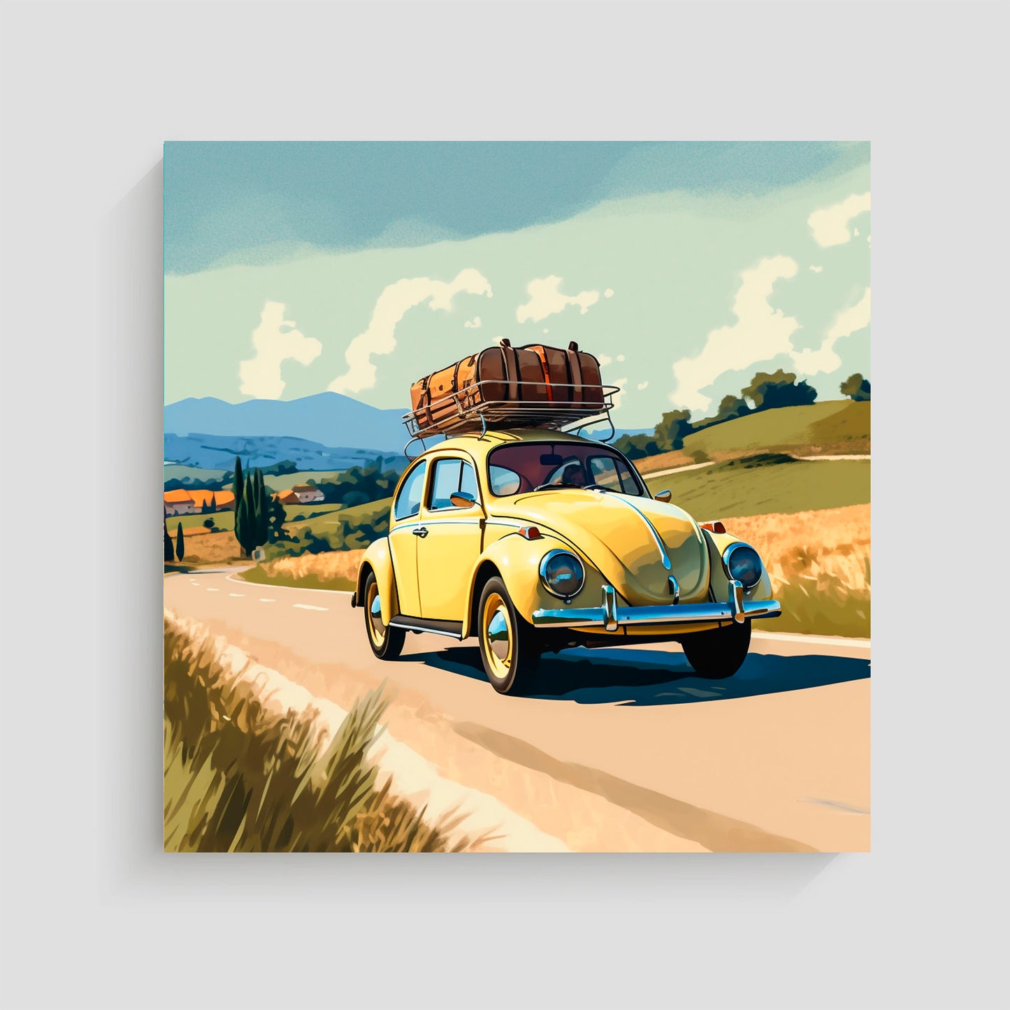 Imagen de un Volkswagen Beetle amarillo con equipaje en el techo, conduciendo por una carretera rural en la campiña, con colinas y casas al fondo bajo un cielo parcialmente nublado.