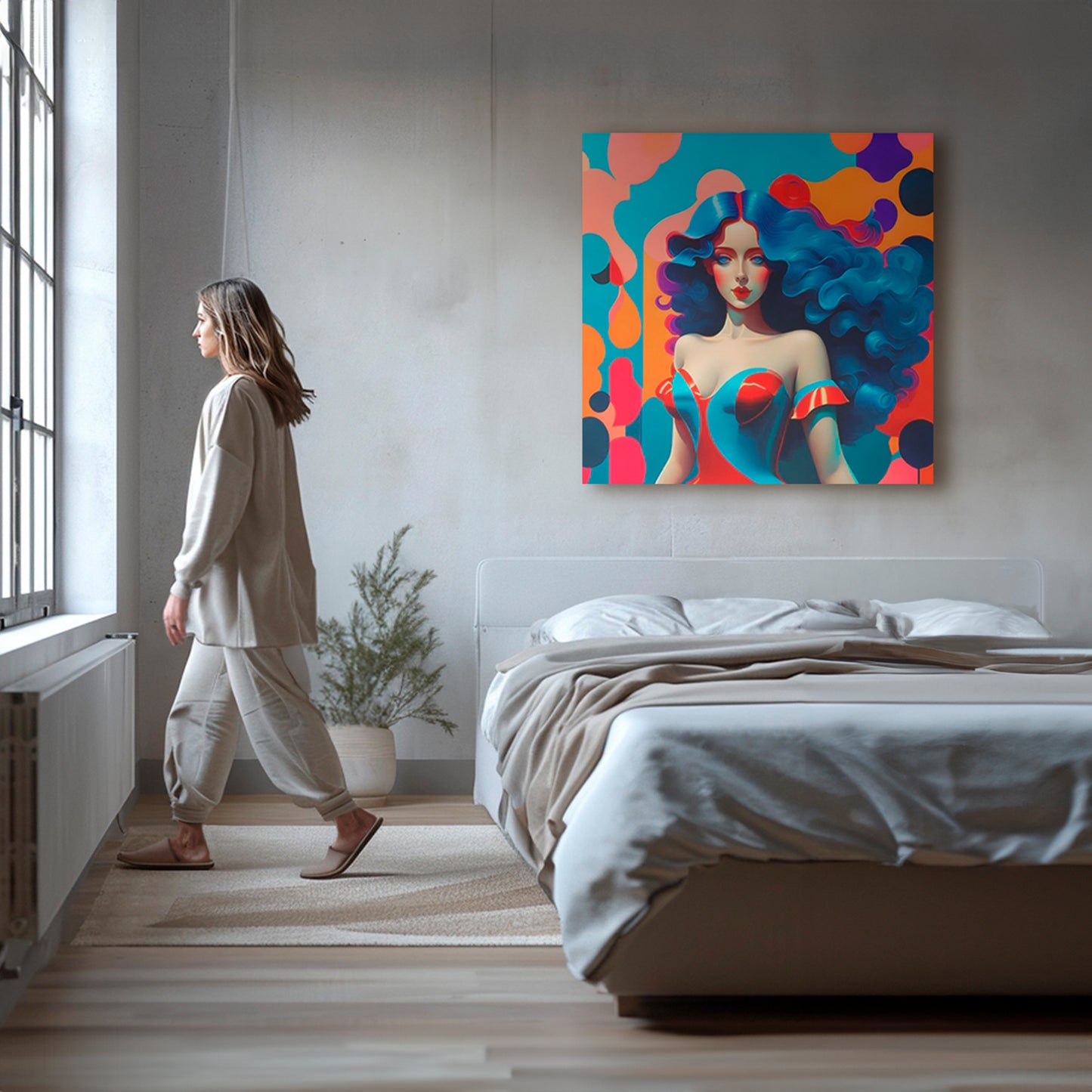 Imagen de una mujer con cabello azul ondulado y un vestido en tonos rojo y azul, con un fondo de formas abstractas y colores brillantes.