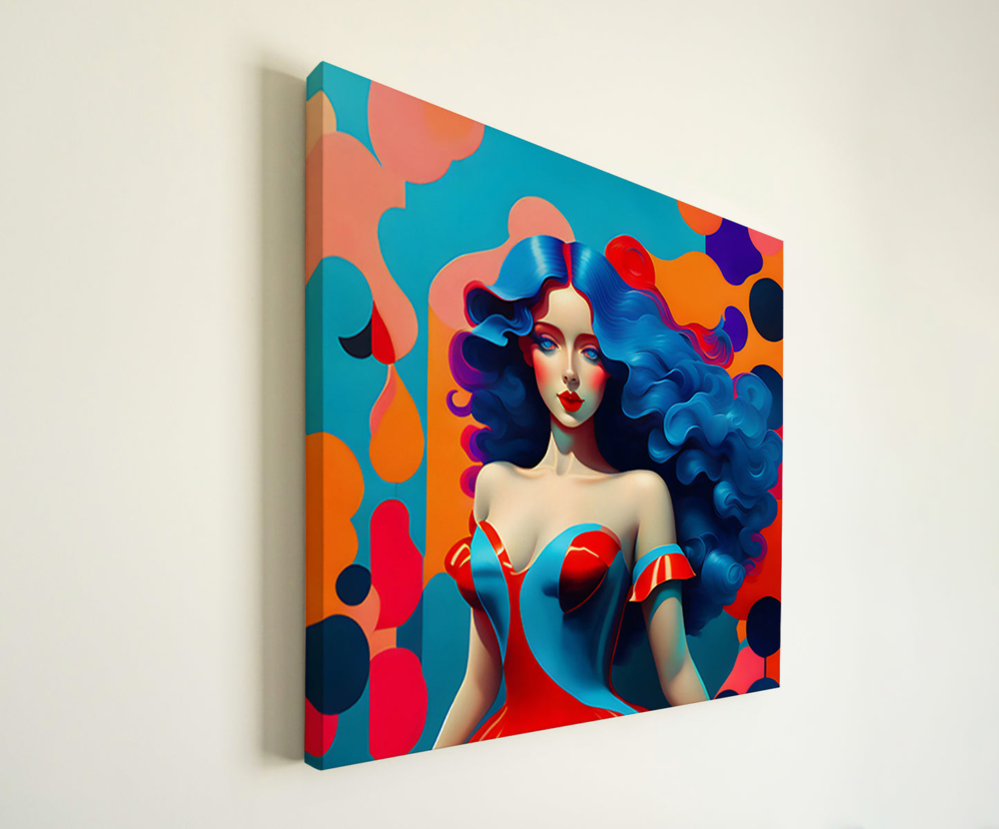 Imagen de una mujer con cabello azul ondulado y un vestido en tonos rojo y azul, con un fondo de formas abstractas y colores brillantes.