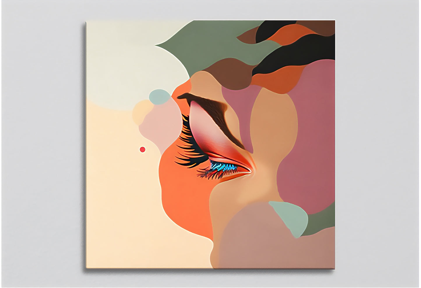 Imagen abstracta de un ojo femenino cerrado, rodeado de formas geométricas y colores suaves como rosa, verde y beige. La obra resalta la belleza del maquillaje y las pestañas, ideal para decoración moderna y creativa.