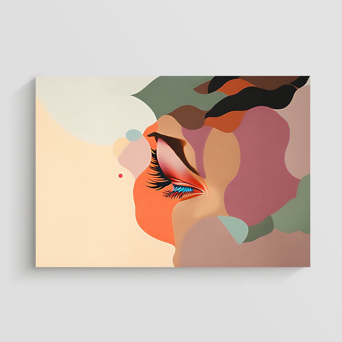 Imagen abstracta de un ojo femenino cerrado, rodeado de formas geométricas y colores suaves como rosa, verde y beige. La obra resalta la belleza del maquillaje y las pestañas, ideal para decoración moderna y creativa.